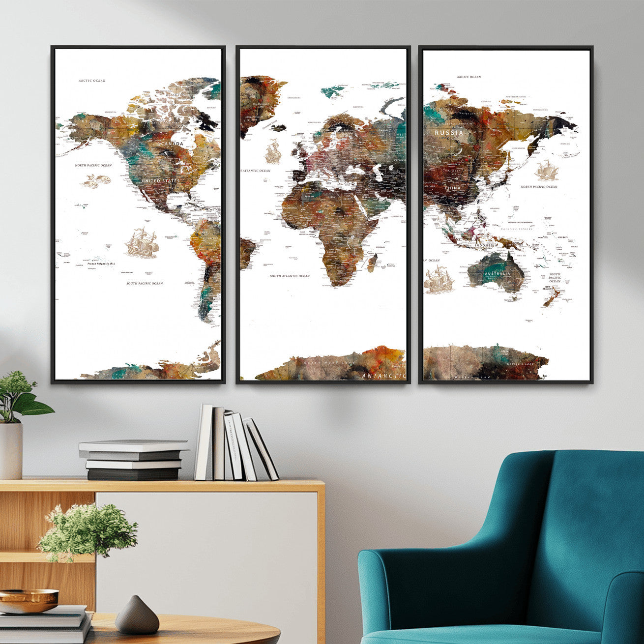 82293175-MGV-CV-36X24 - World Map Wall Art Canvas Print, Modern Decorative Framed Map Artwork Prints for Living Room, Office, Bedroom Wall Decor
