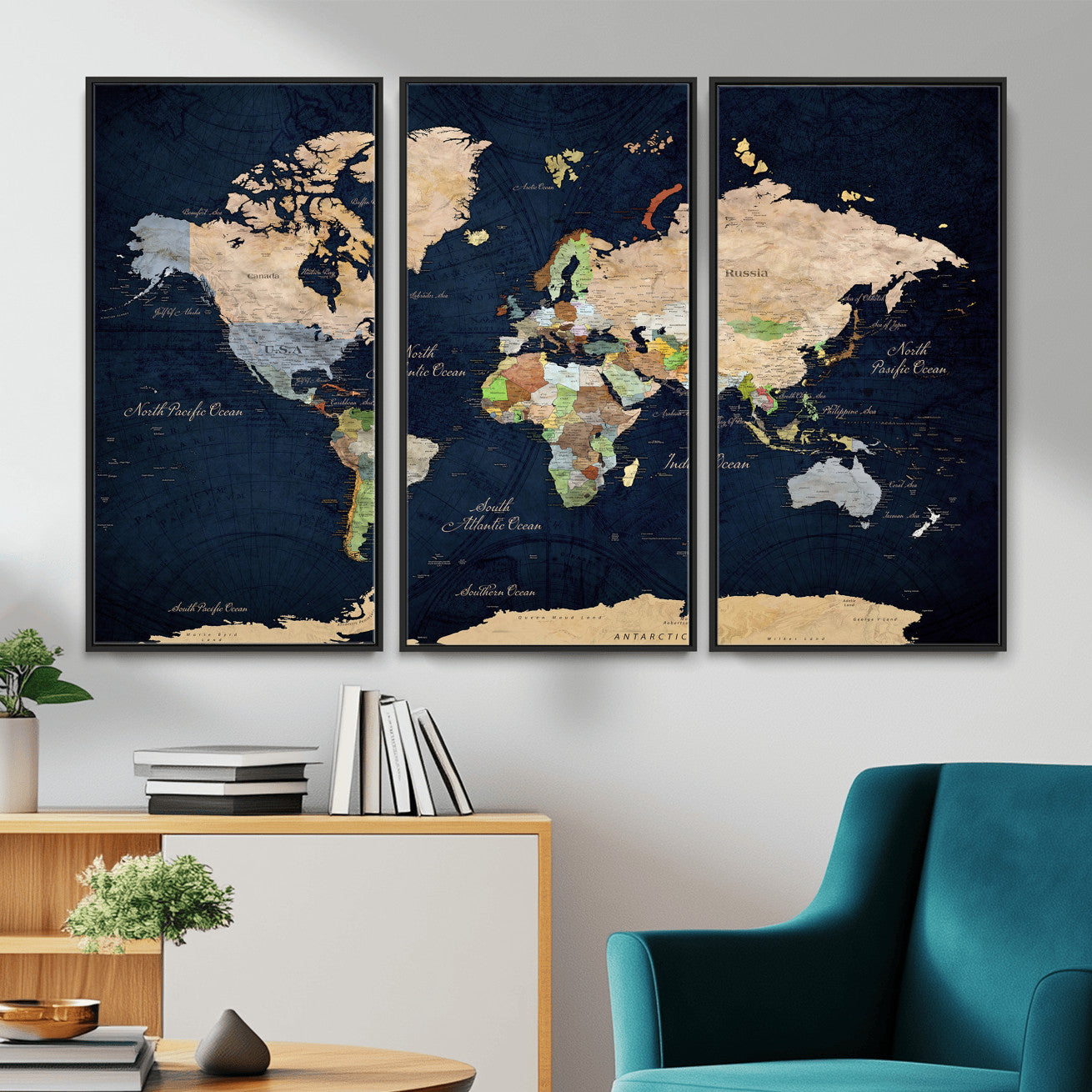 76603563-MGV-CV-36X24 - World Map Wall Art Canvas Print, Modern Decorative Framed Map Artwork Prints for Living Room, Office, Bedroom Wall Decor