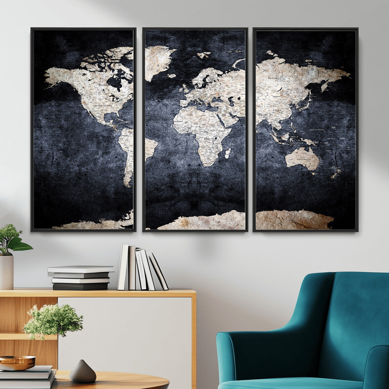 41193404-MGV-CV-36X24 - World Map Wall Art Canvas Print, Modern Decorative Framed Map Artwork Prints for Living Room, Office, Bedroom Wall Decor