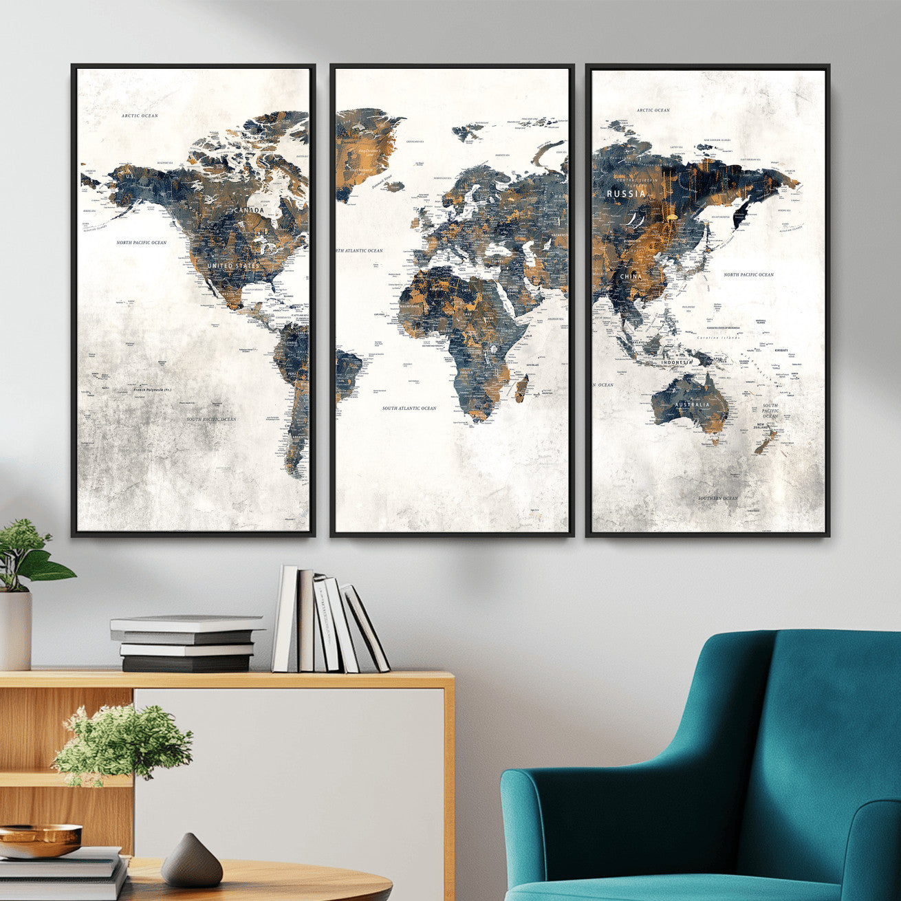 52451147-MGV-CV-36X24 - World Map Wall Art Canvas Print, Modern Decorative Framed Map Artwork Prints for Living Room, Office, Bedroom Wall Decor