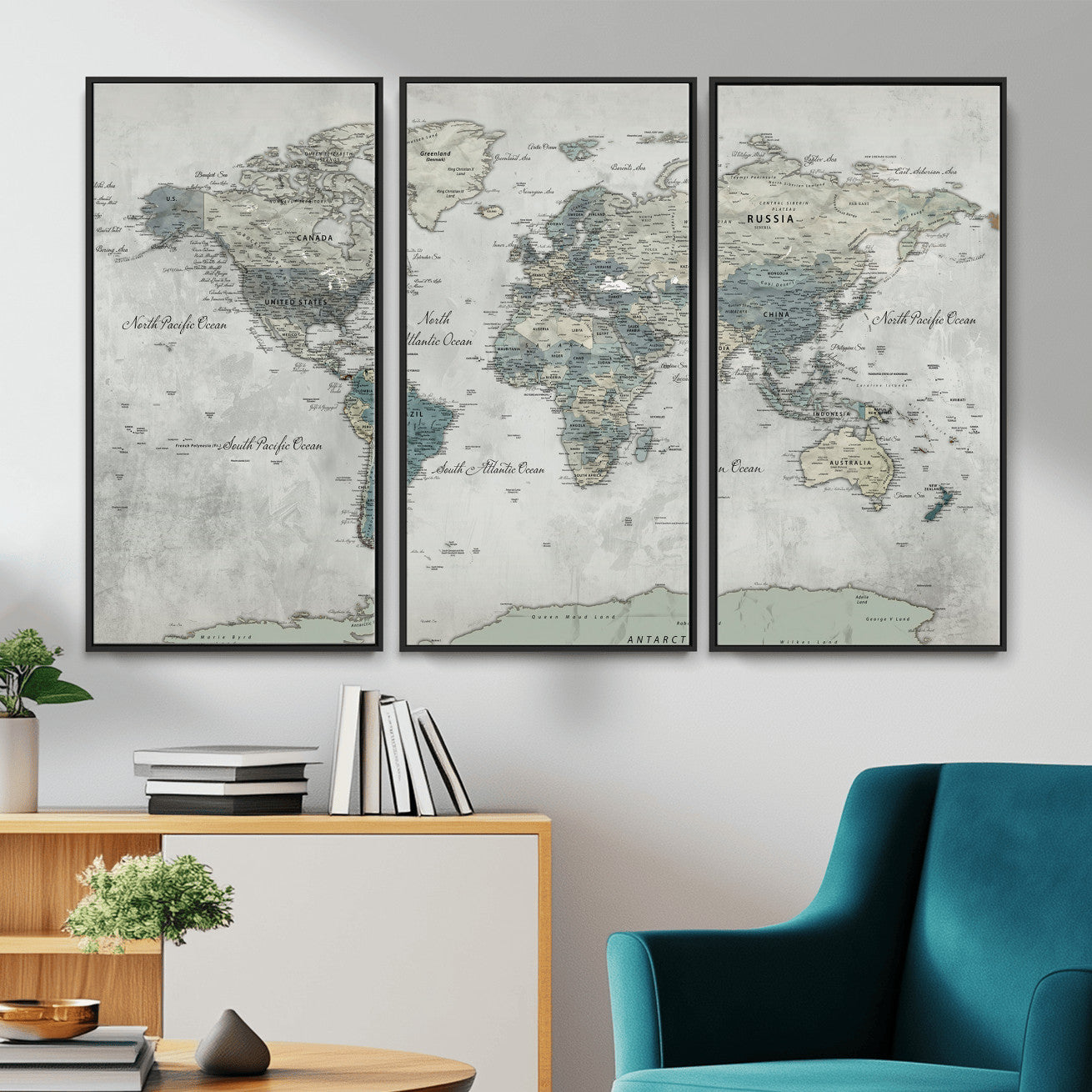 91132939-MGV-CV-36X24 - World Map Wall Art Canvas Print, Modern Decorative Framed Map Artwork Prints for Living Room, Office, Bedroom Wall Decor