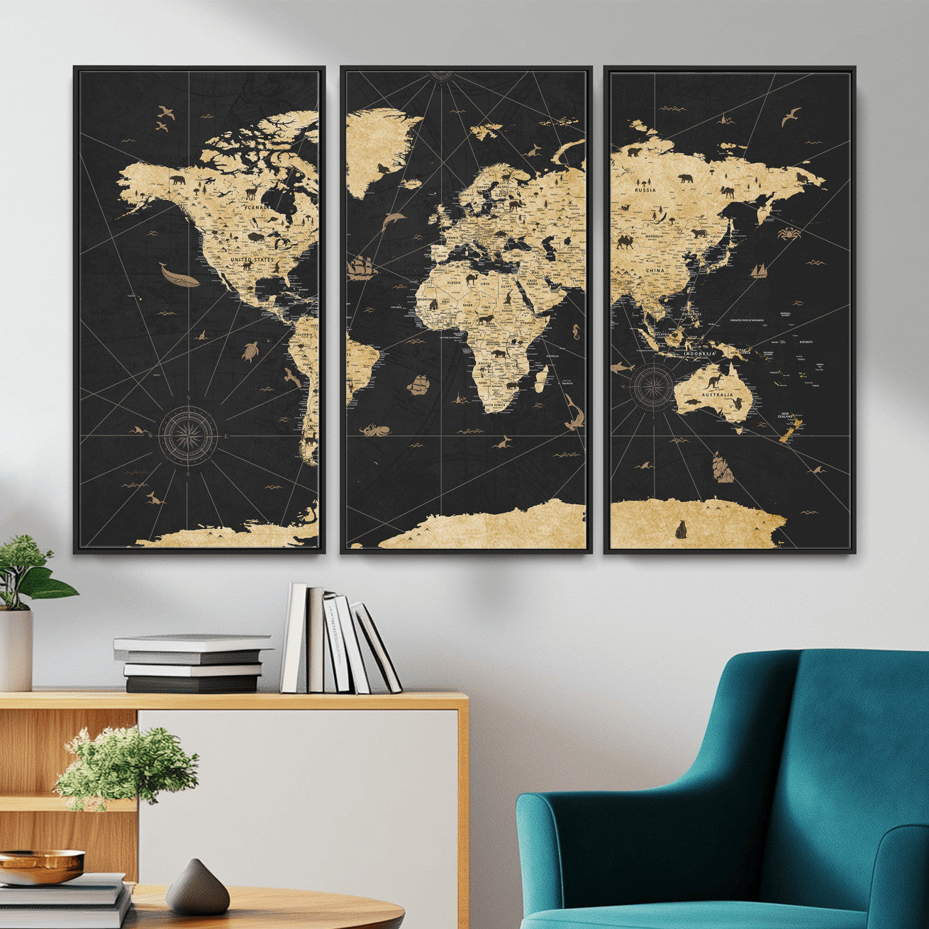 80270976-MGV-CV-36X24 - World Map Wall Art Canvas Print, Modern Decorative Framed Map Artwork Prints for Living Room, Office, Bedroom Wall Decor