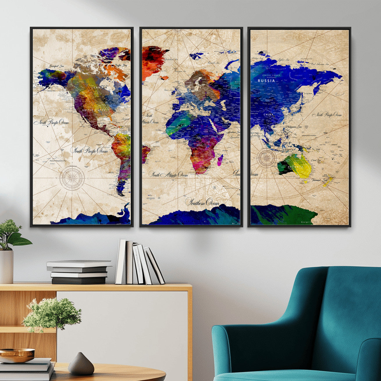 26284075-MGV-CV-36X24 - World Map Wall Art Canvas Print, Modern Decorative Framed Map Artwork Prints for Living Room, Office, Bedroom Wall Decor