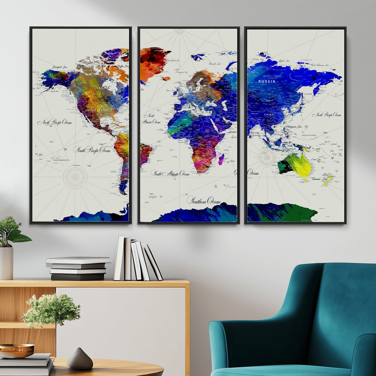 49670038-MGV-CV-36X24 - World Map Wall Art Canvas Print, Modern Decorative Framed Map Artwork Prints for Living Room, Office Decor