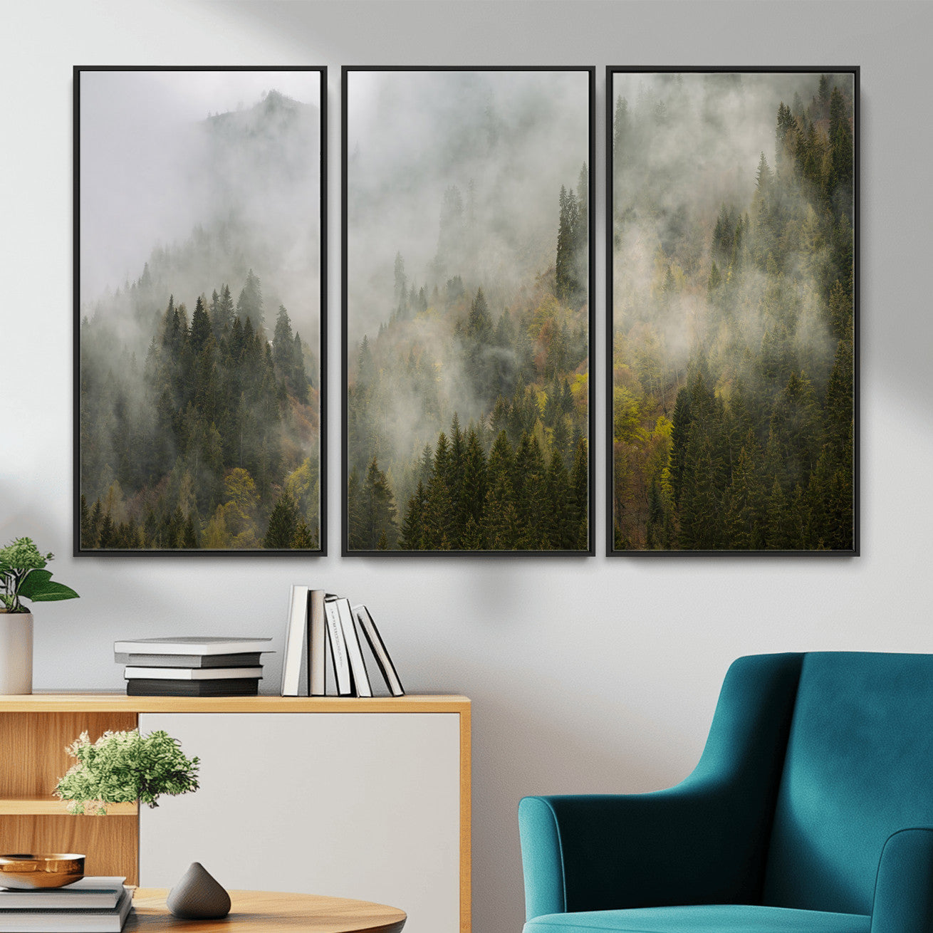 31152954-MGV-CV-36X24 - Misty Mountain Forest Canvas Print, Foggy Pine Trees Nature Wall Art, Framed Canvas Ready to Hang