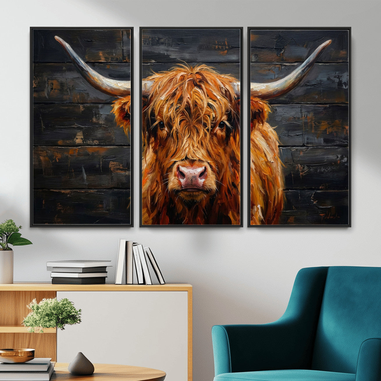 32536611-MGV-CV-36X24 - Highland Cow Wall Art Canvas Print, Rustic Farm Animal Painting, Framed Wall Art Ready to Hang
