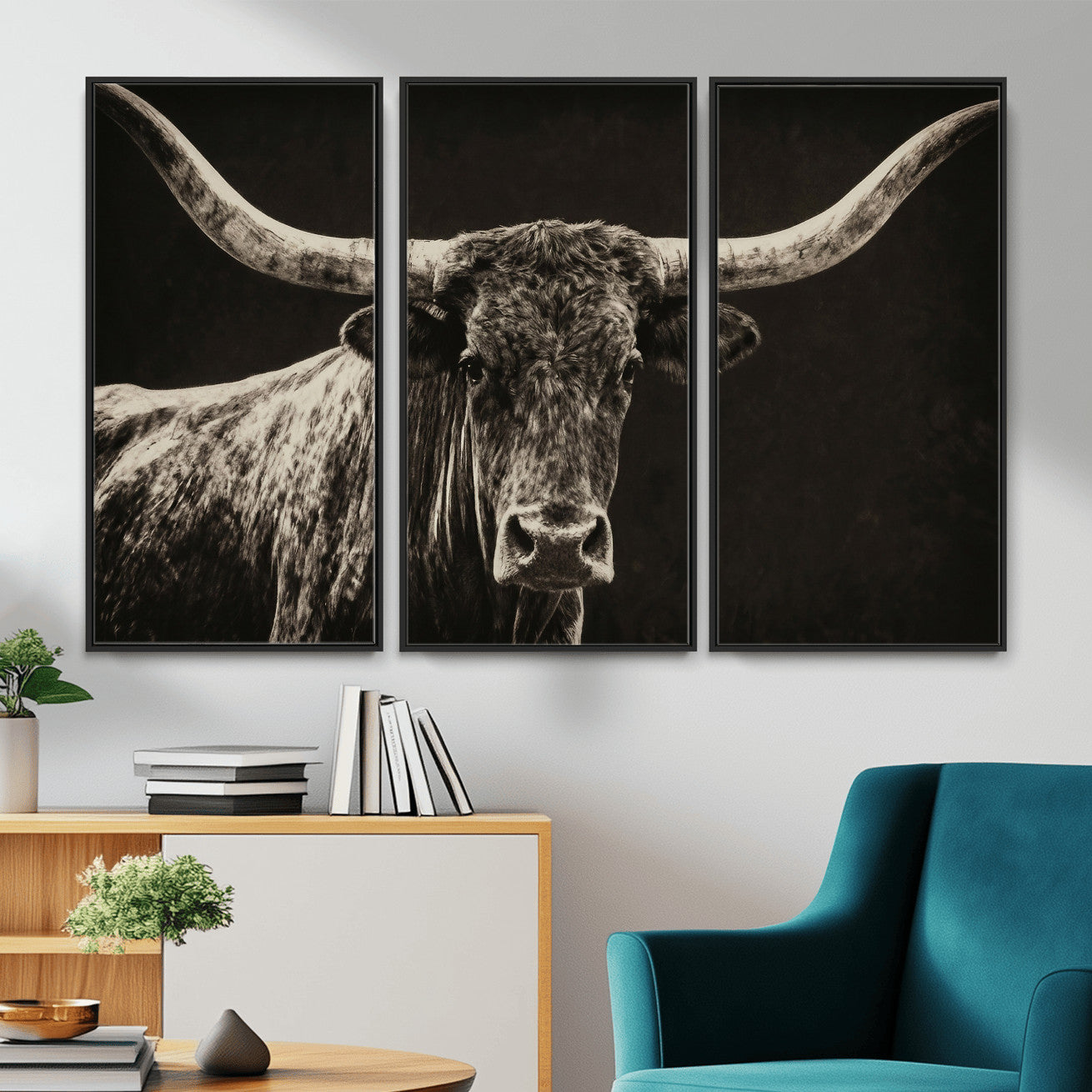 74513721-MGV-CV-36X24 - Vintage Texas Longhorn Bull Wall Art Canvas Print, Cow Portrait Photography Print, Framed Wall Art Ready to Hang
