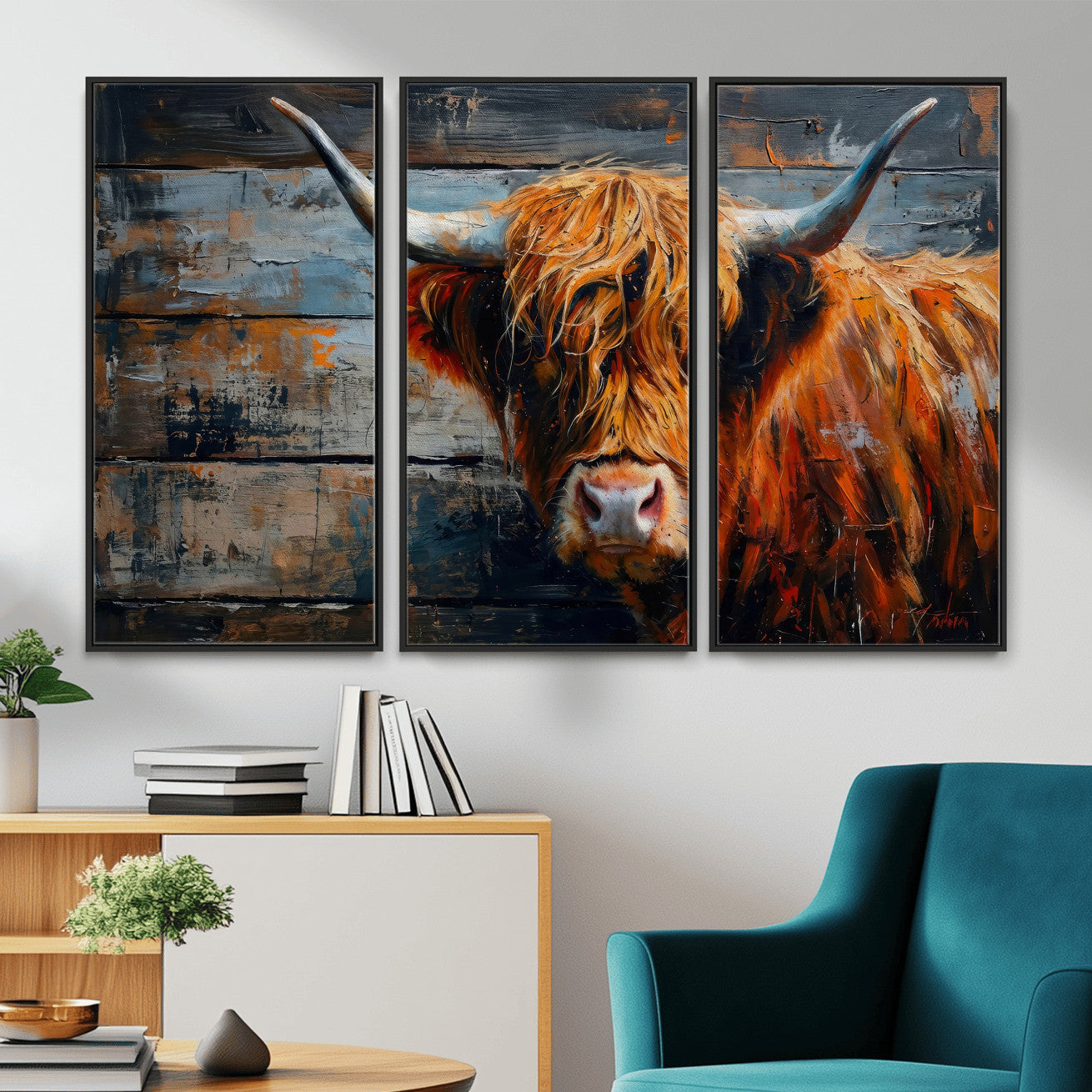 90271423-MGV-CV-36X24 - Highland Cow Wall Art Canvas Print, Abstract Rustic Farm Animal Wall Art Print, Framed Wall Art Ready to Hang