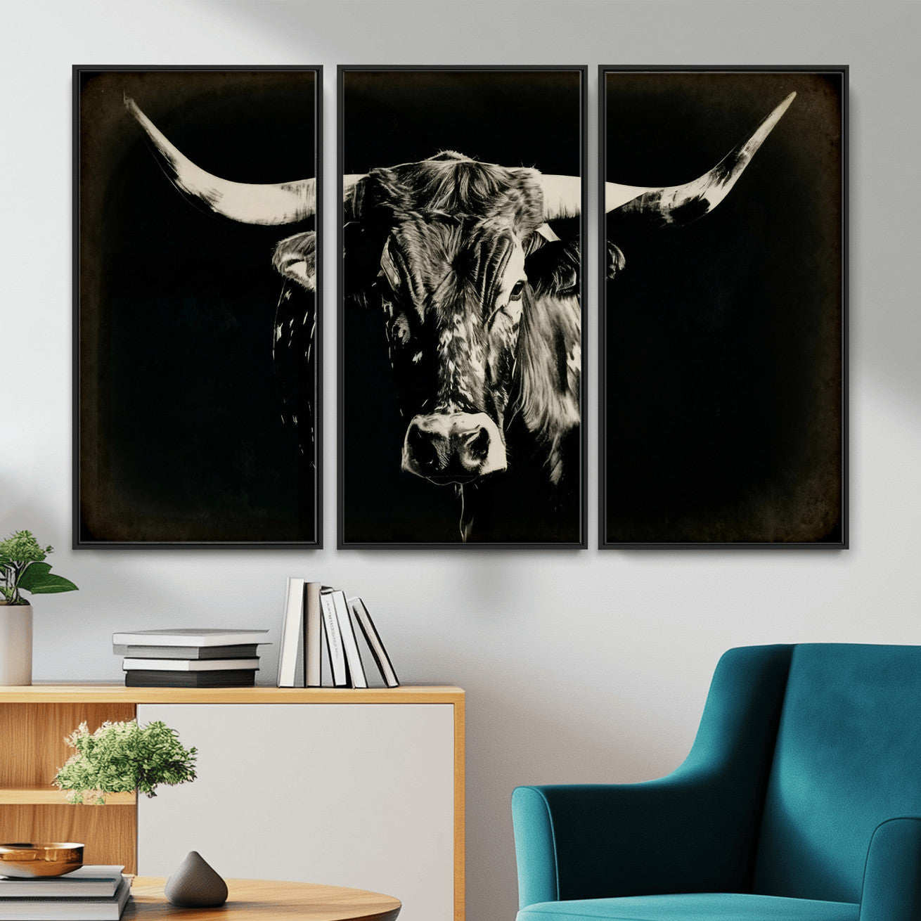 91364114-MGV-CV-36X24 - Black Bull Wall Art Canvas Print, Texas Longhorn Portrait Print, Framed Wall Art Ready to Hang