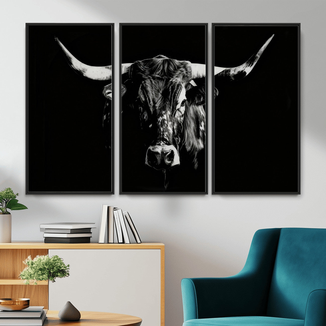 21436434-MGV-CV-36X24 - Black Bull Wall Art Canvas Print, Dark Longhorn Portrait Photography, Framed Wall Art Ready to Hang