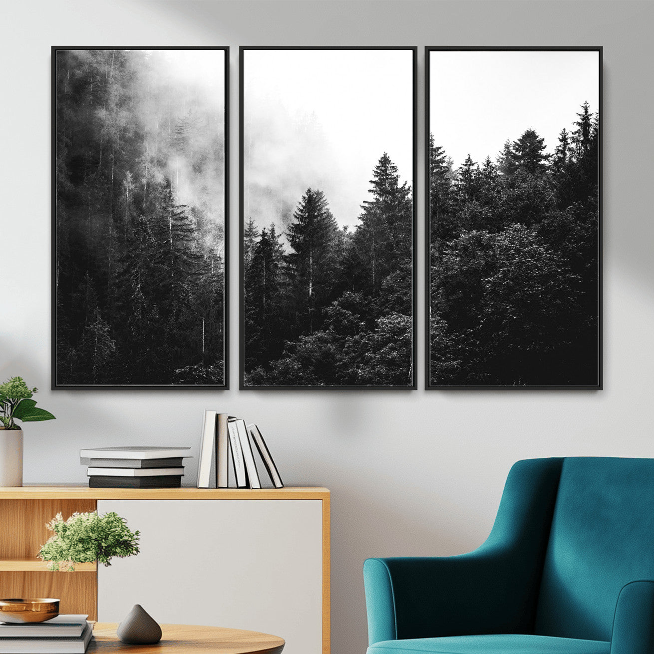 98764151-MGV-CV-36X24 - Black and White Forest Wall Art Canvas Print, Misty Pine Tree Landscape Photography, Framed Wall Art Ready to Hang