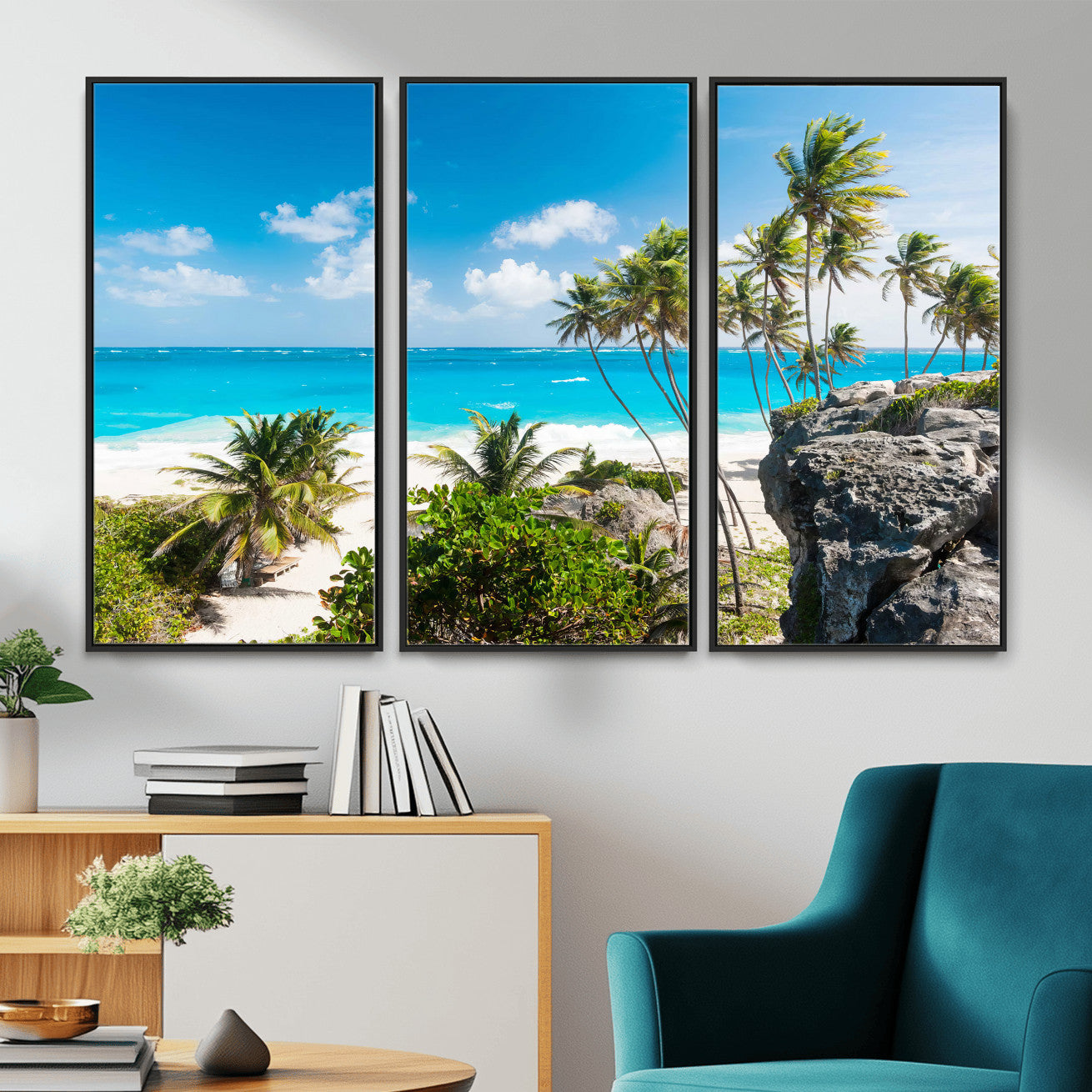 79995168-MGV-CV-36X24 - Barbados Beach Wall Art Canvas Print, Palm Tree Ocean Landscape, Turquoise Sea Coastal Photography, Tropical Island Wall Decor, Framed Ready to Hang