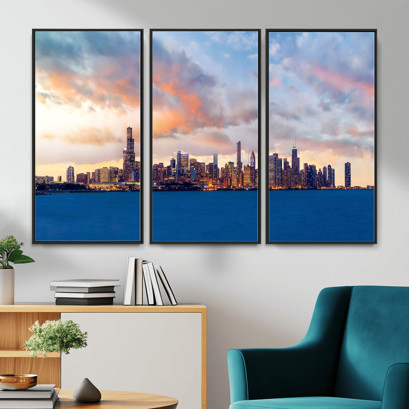 34667960-MGV-CV-36X24 - Chicago Wall Art Canvas Print, Chicago City Downtown Night Cityscape Print for Modern Urban Wall Decor