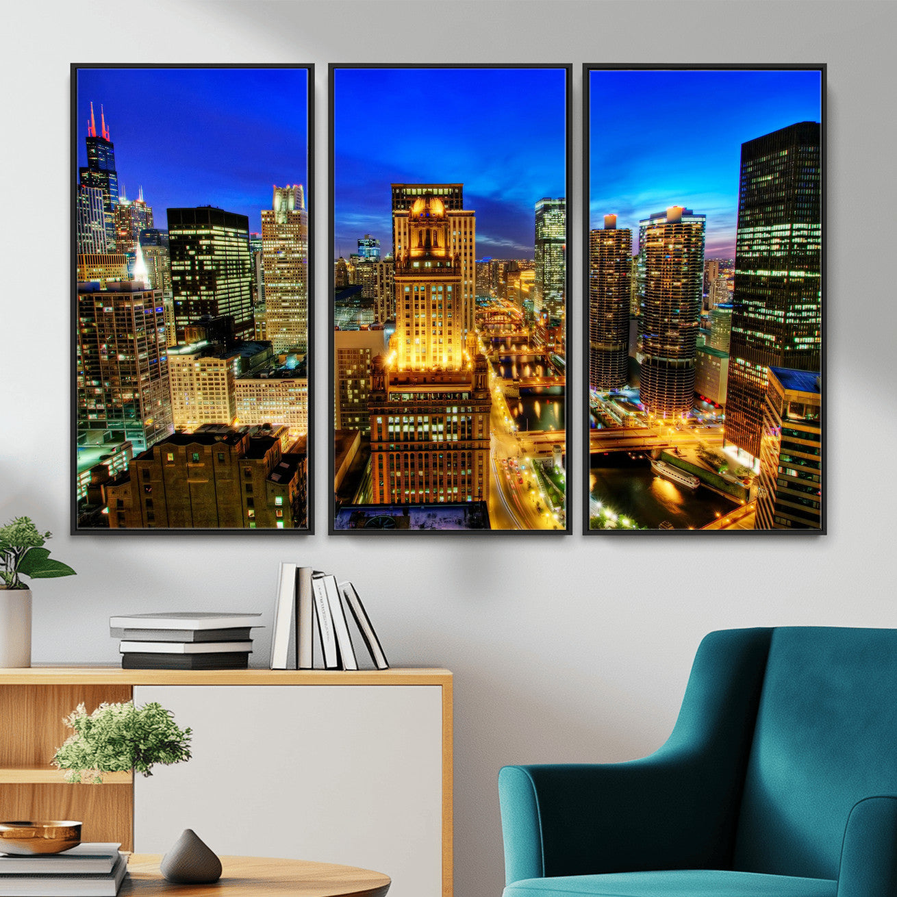 46298885-MGV-CV-36X24 - Chicago Wall Art Canvas Print, Chicago City Downtown Night Cityscape Print for Modern Urban Wall Decor