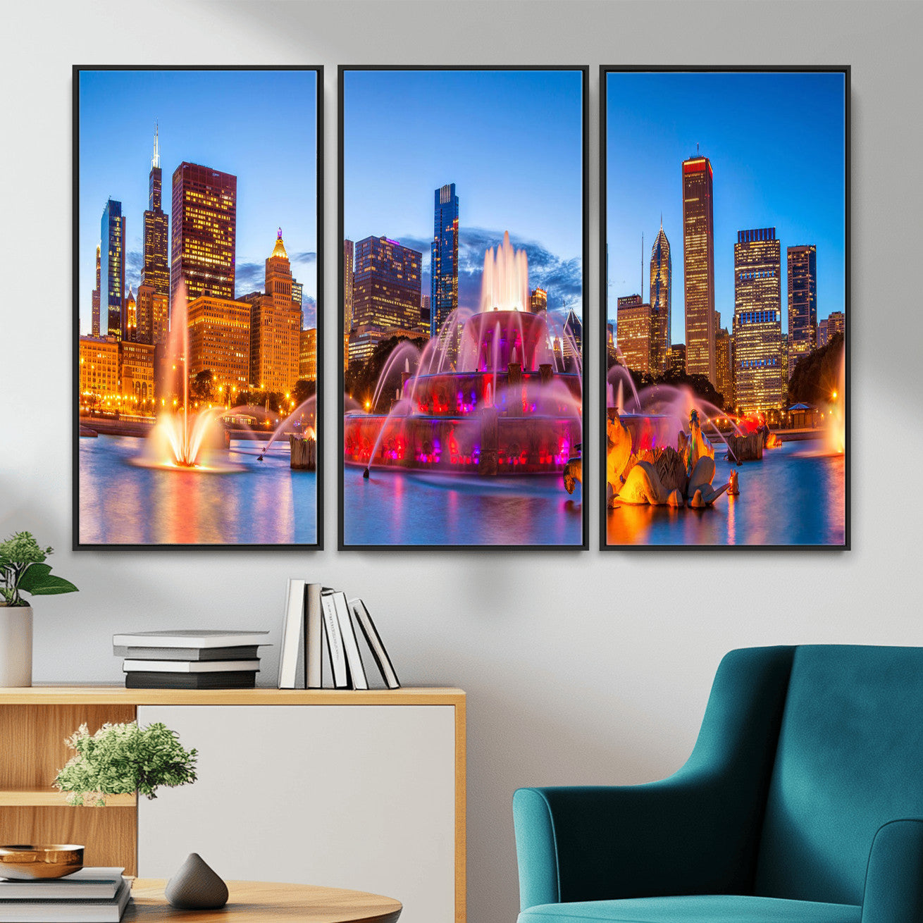 20251989-MGV-CV-36X24 - Chicago Wall Art Canvas Print, Chicago City Downtown Night Cityscape Print for Modern Urban Wall Decor