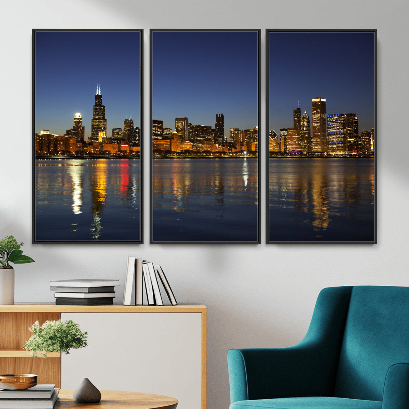 67308035-MGV-CV-36X24 - Chicago Wall Art Canvas Print, Chicago City Downtown Night Cityscape Print for Modern Urban Wall Decor