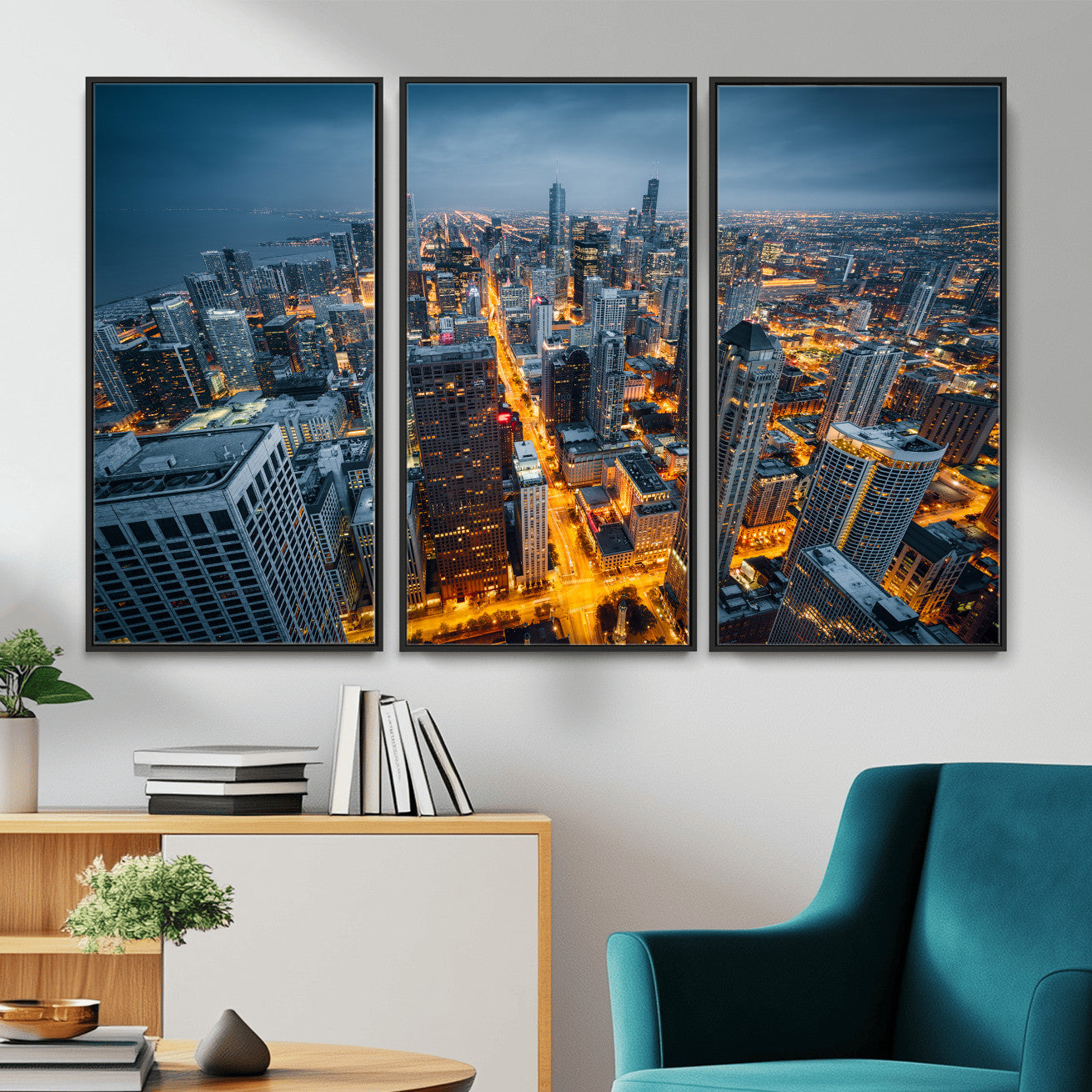 81742538-MGV-CV-36X24 - Chicago Wall Art Canvas Print, Chicago City Downtown Night Cityscape Print for Modern Urban Wall Decor