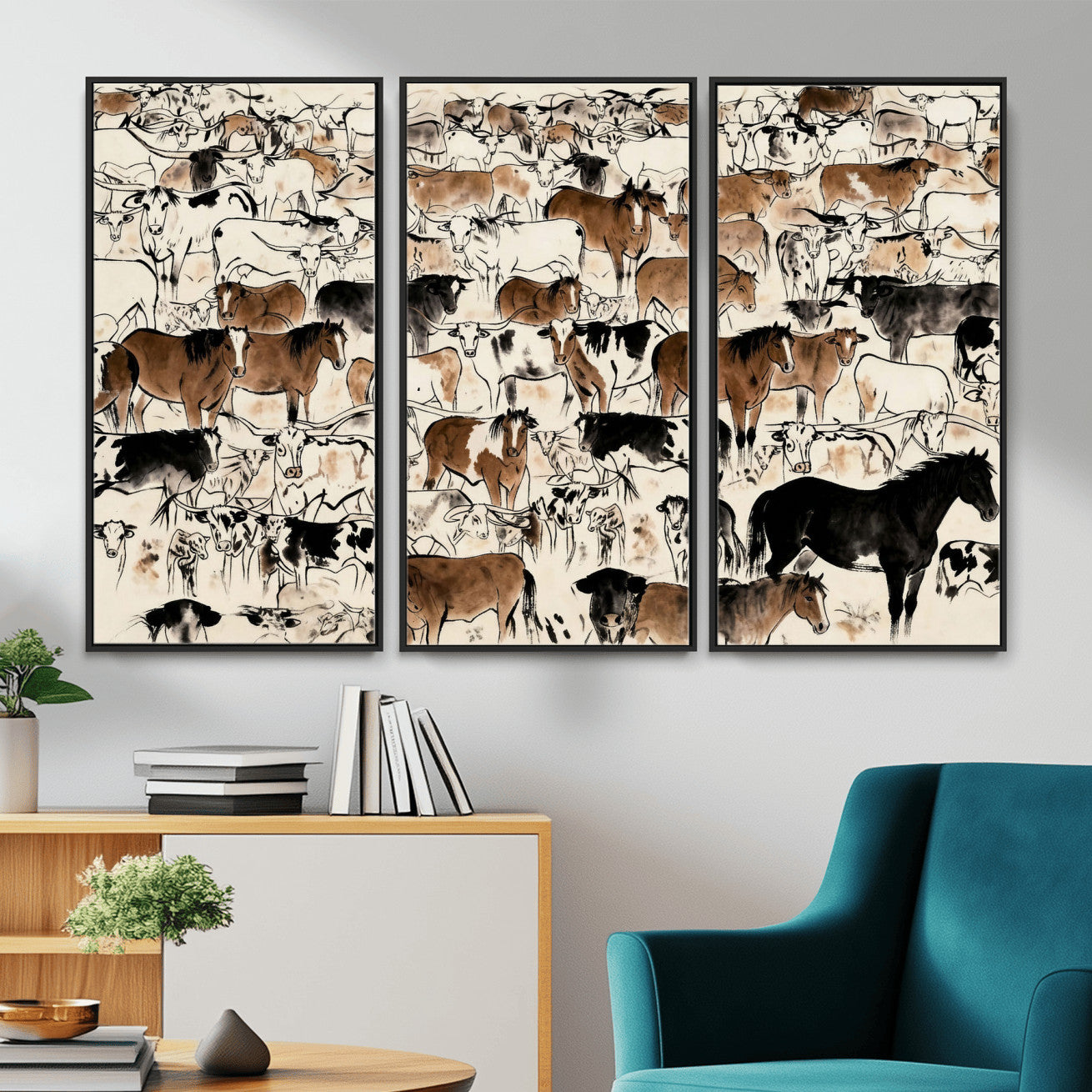 86150485-MGV-CV-36X24 - Farmhouse Animals Wall Art Canvas Print - Abstract Farm Animal Drawing Mid-Century Wall Art for Cabin Decor