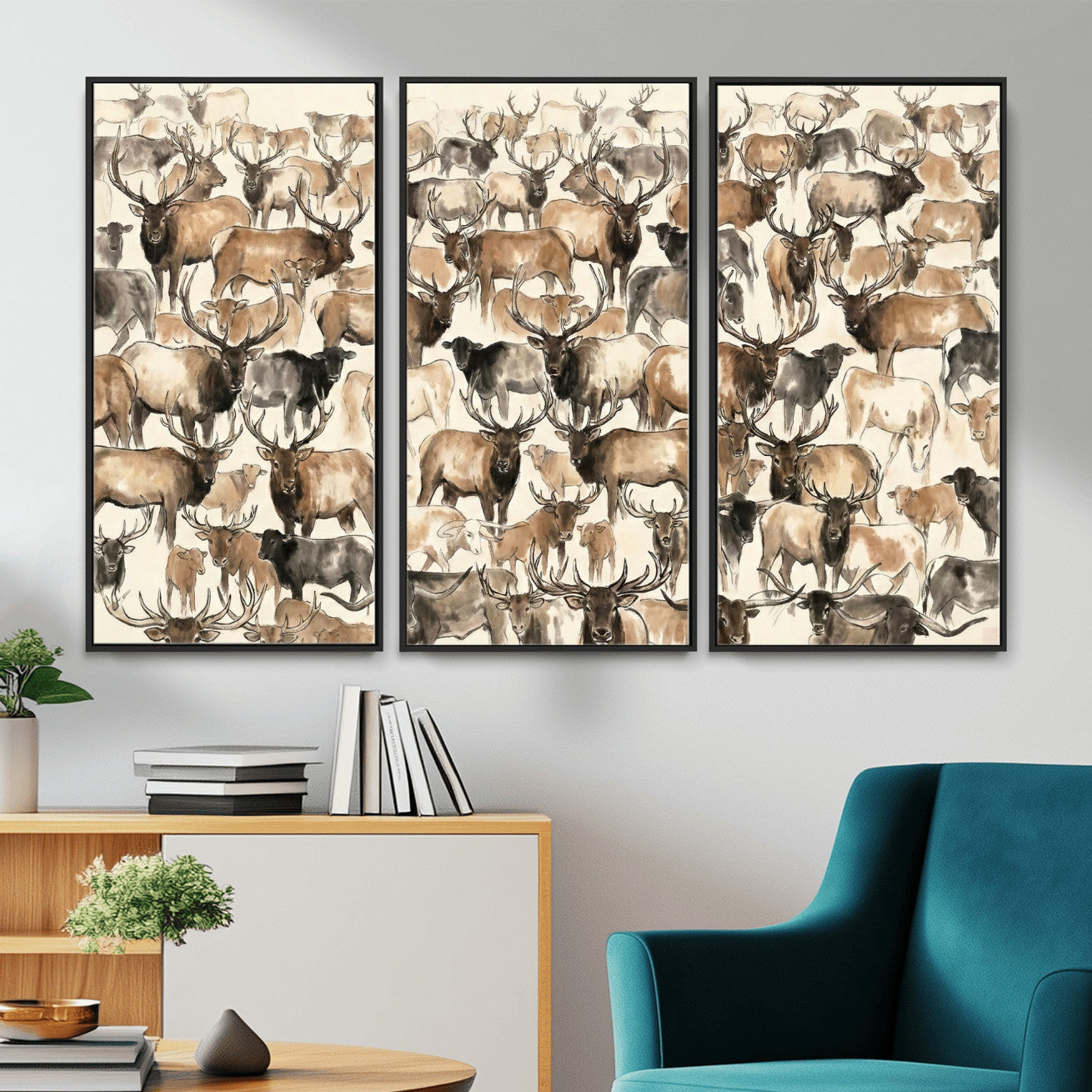 24374881-MGV-CV-36X24 - Farmhouse Animals Wall Art Canvas Print - Abstract Farm Animal Drawing Mid-Century Wall Art for Cabin Decor