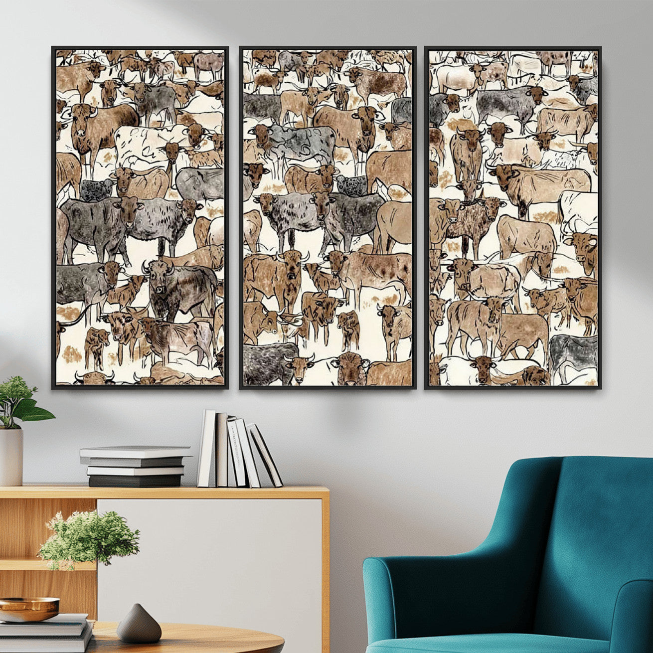 76902119-MGV-CV-36X24 - Farmhouse Animals Wall Art Canvas Print - Abstract Farm Animal Drawing Mid-Century Wall Art for Cabin Decor
