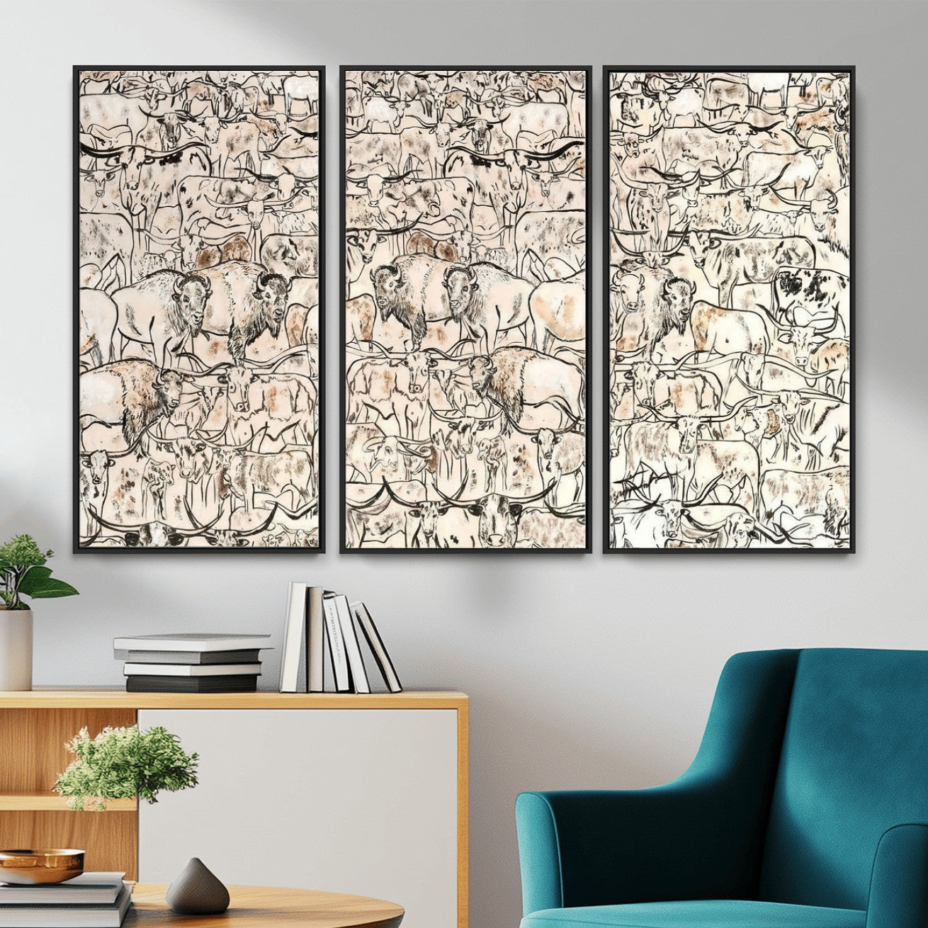 36925875-MGV-CV-36X24 - Farmhouse Animals Wall Art Canvas Print - Abstract Farm Animal Drawing Mid-Century Wall Art for Cabin Decor
