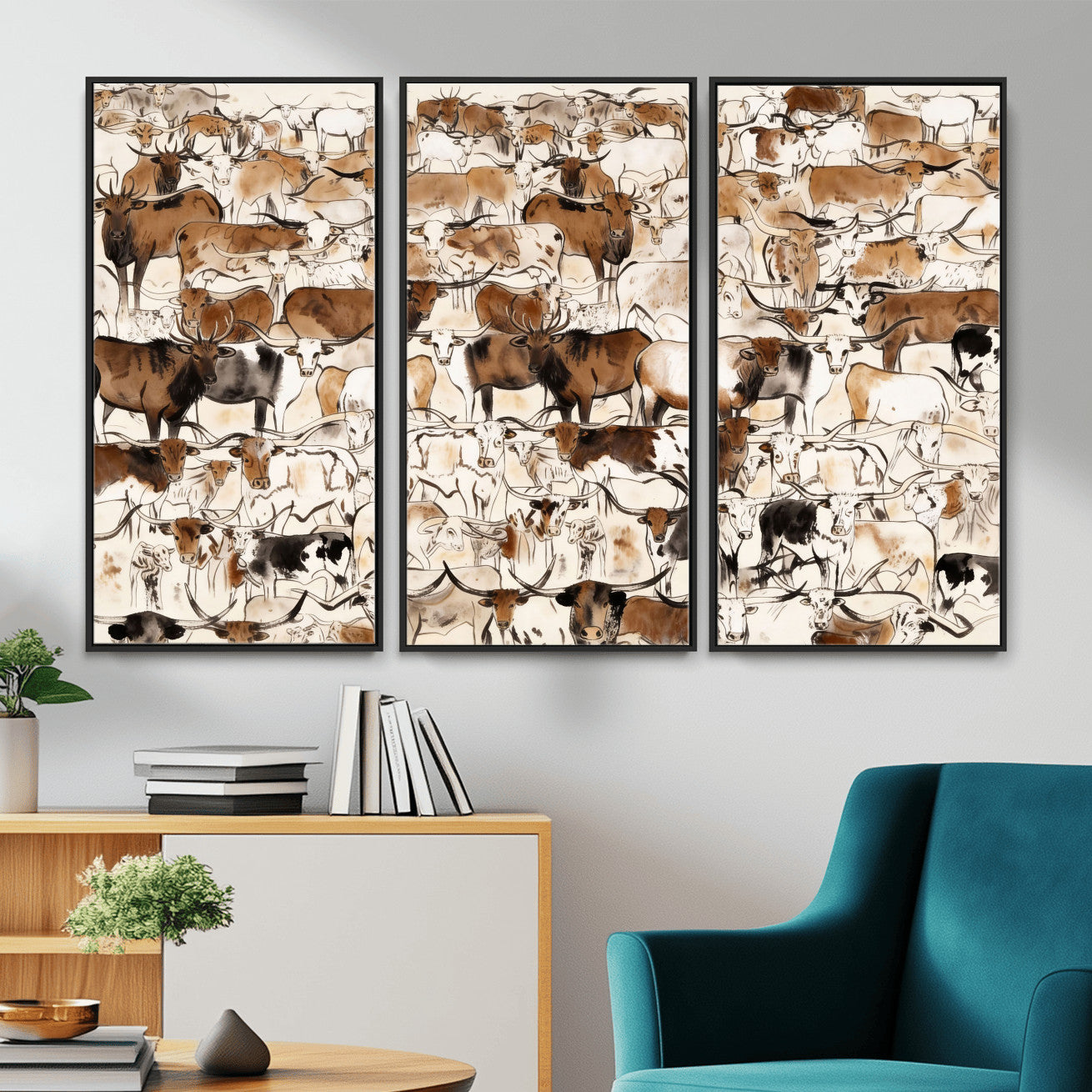 81416572-MGV-CV-36X24 - Farmhouse Animals Wall Art Canvas Print - Abstract Farm Animal Drawing Mid-Century Wall Art for Cabin Decor