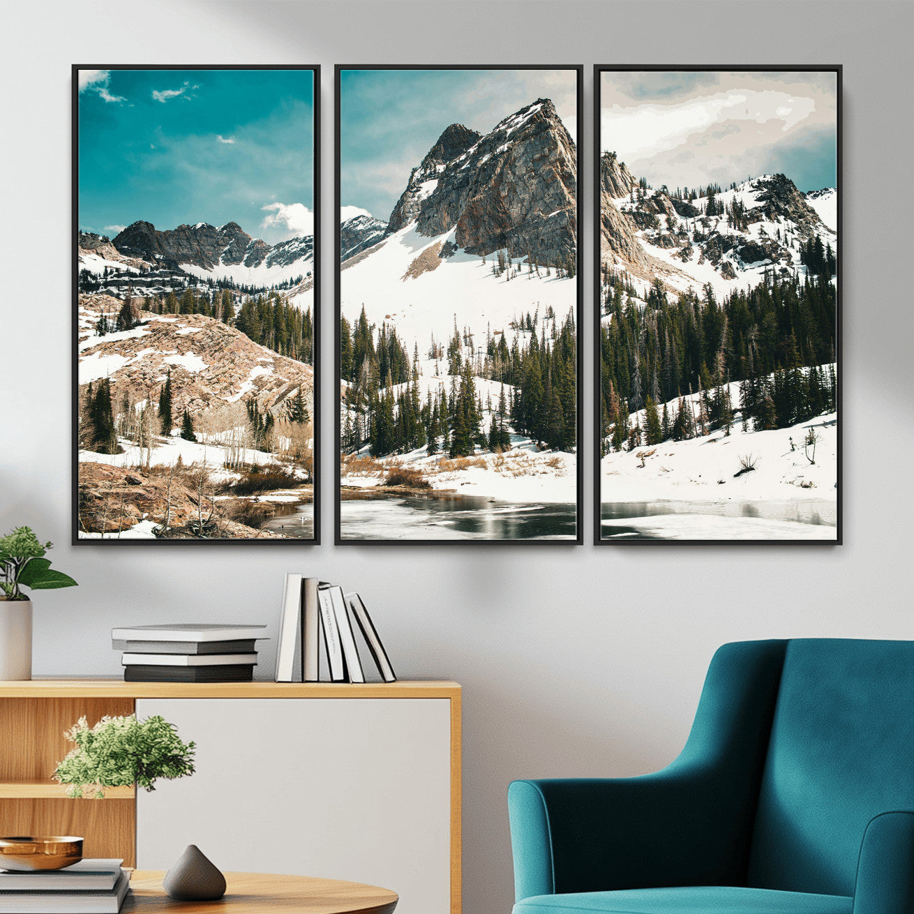 56837070-MGV-CV-36X24 - Snowy Mountain Landscape Wall Art Canvas Print, Alpine Pine Forest Winter Nature Wall Decor for Living Room and Office