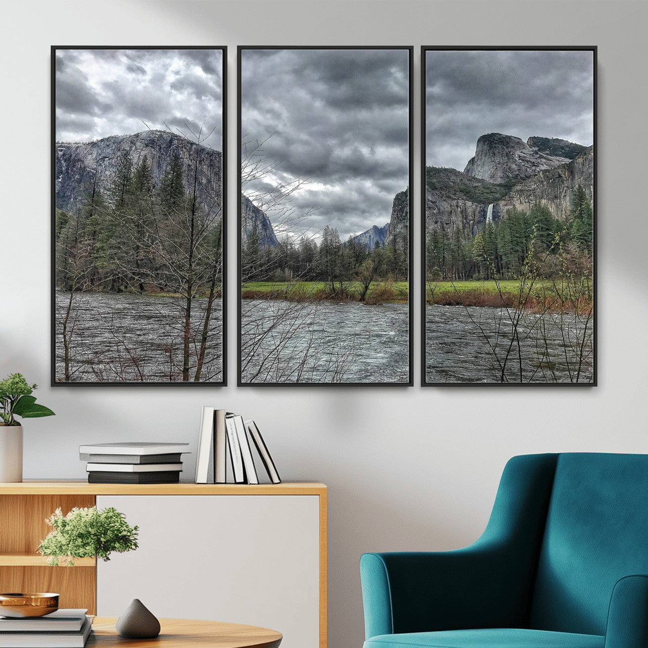 75582552-MGV-CV-36X24 - Yosemite Valley River Landscape Wall Art Canvas Print, Granite Cliffs Forest River Canvas Print, California National Park Moody Scenic Art Printi