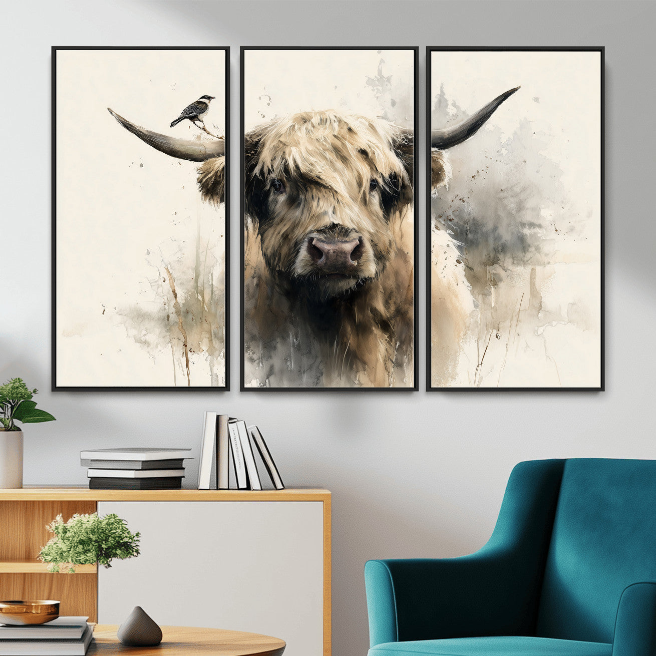98249290-MGV-CV-36X24 - Abstract Highland Cow Watercolor Animal Wall Art Canvas Print, Rustic Farm Cattle Portrait Canvas Print, Neutral Wildlife Farmhouse Art Printing