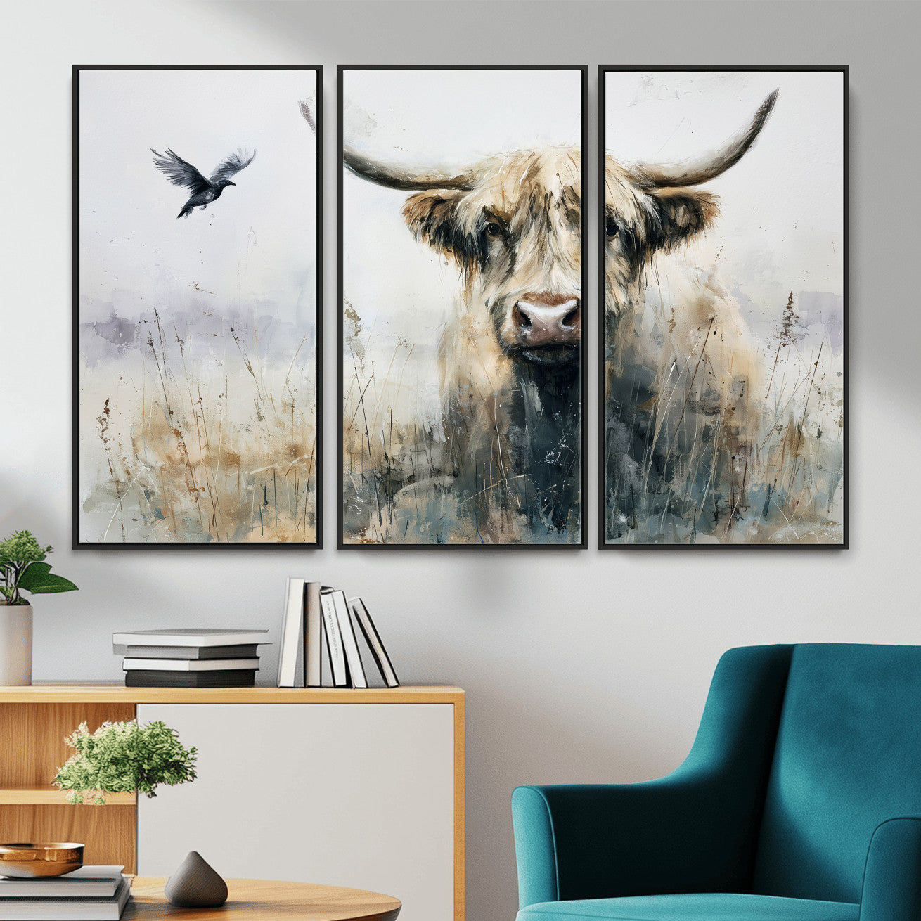 55652651-MGV-CV-36X24 - Abstract Highland Cow Watercolor Animal Wall Art Canvas Print, Rustic Farm Cattle Portrait Canvas Print, Neutral Wildlife Farmhouse Art Printing