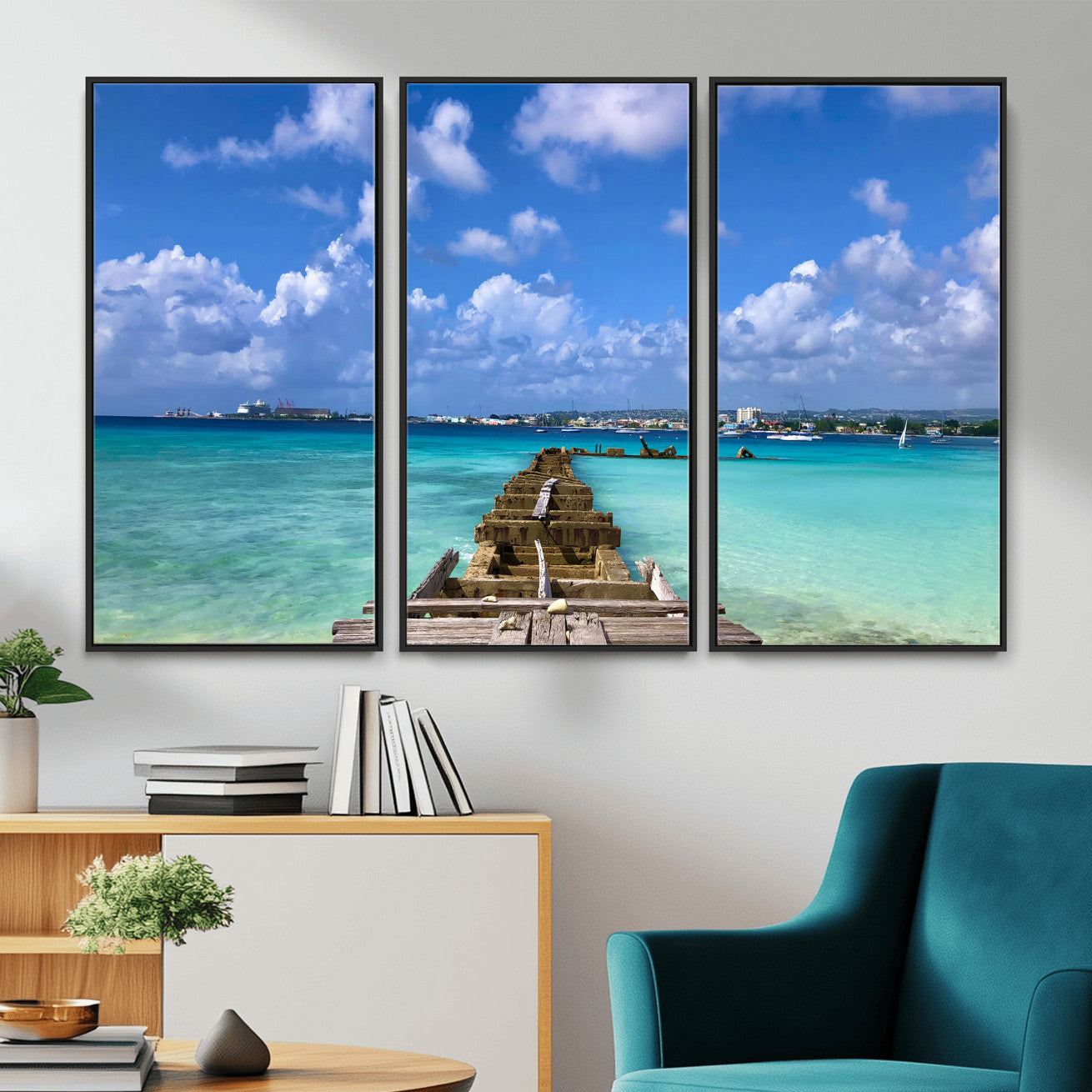 43165024-MGV-CV-36X24 - Caribbean Ocean Pier Seascape Wall Art Canvas Print, Turquoise Sea Tropical Harbor Canvas Print, Island Coastal Blue Water Scenic Art Printing