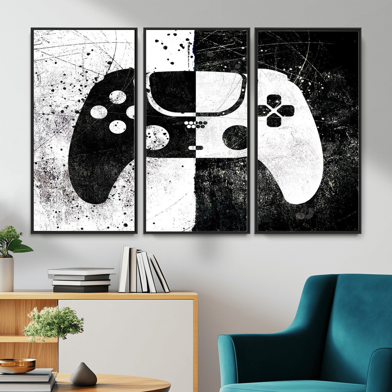 17525128-MGV-CV-36X24 - Abstract Gaming Controller Wall Art Canvas Print, Black White Video Game Controller Modern Canvas Print, Minimal Gamer Graphic Art Printing