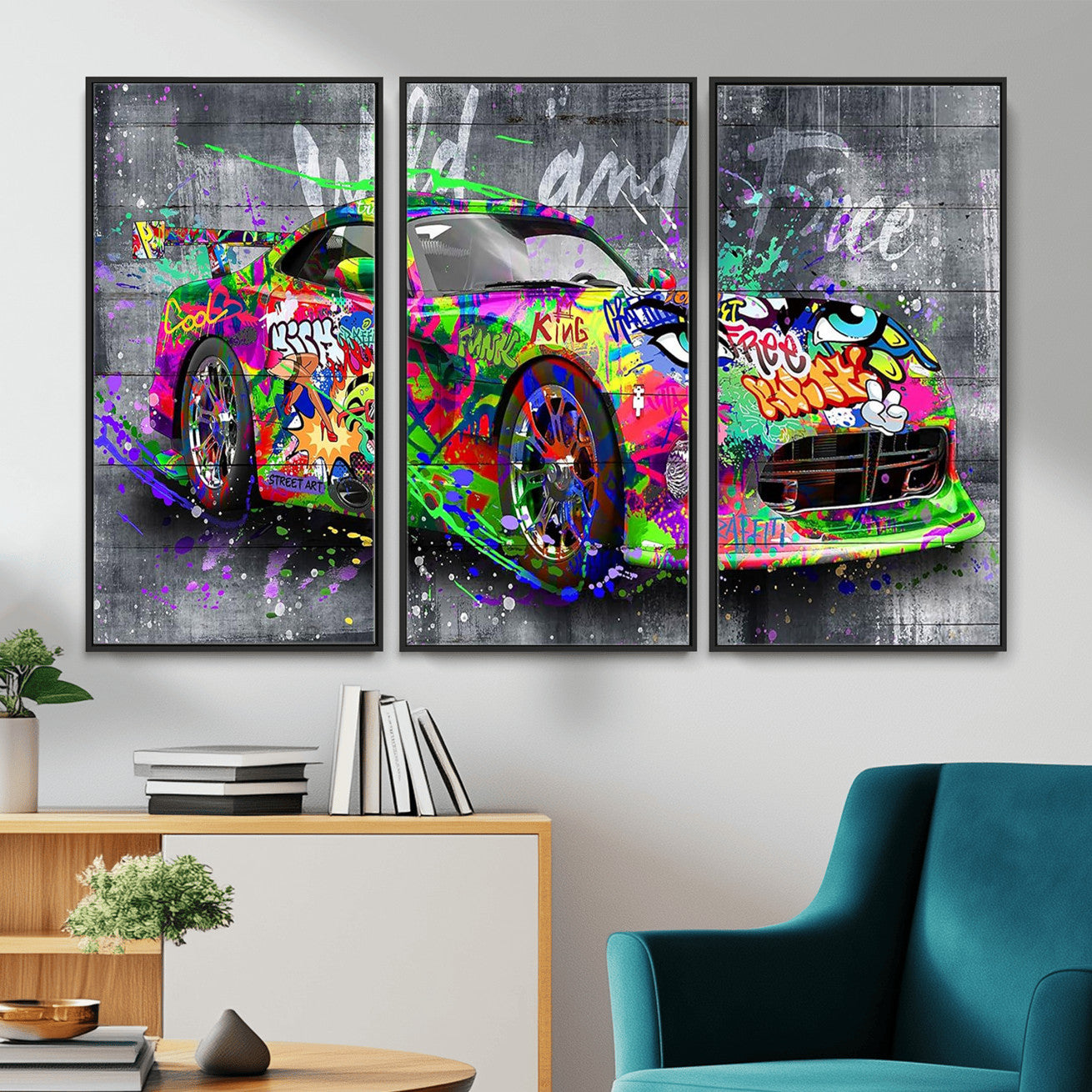 95314968-MGV-CV-36X24 - Graffiti Sports Car Street Art Wall Art Canvas Print, Colorful Urban Supercar Pop Art Canvas Print, Modern Graffiti Car Contemporary Art Printing