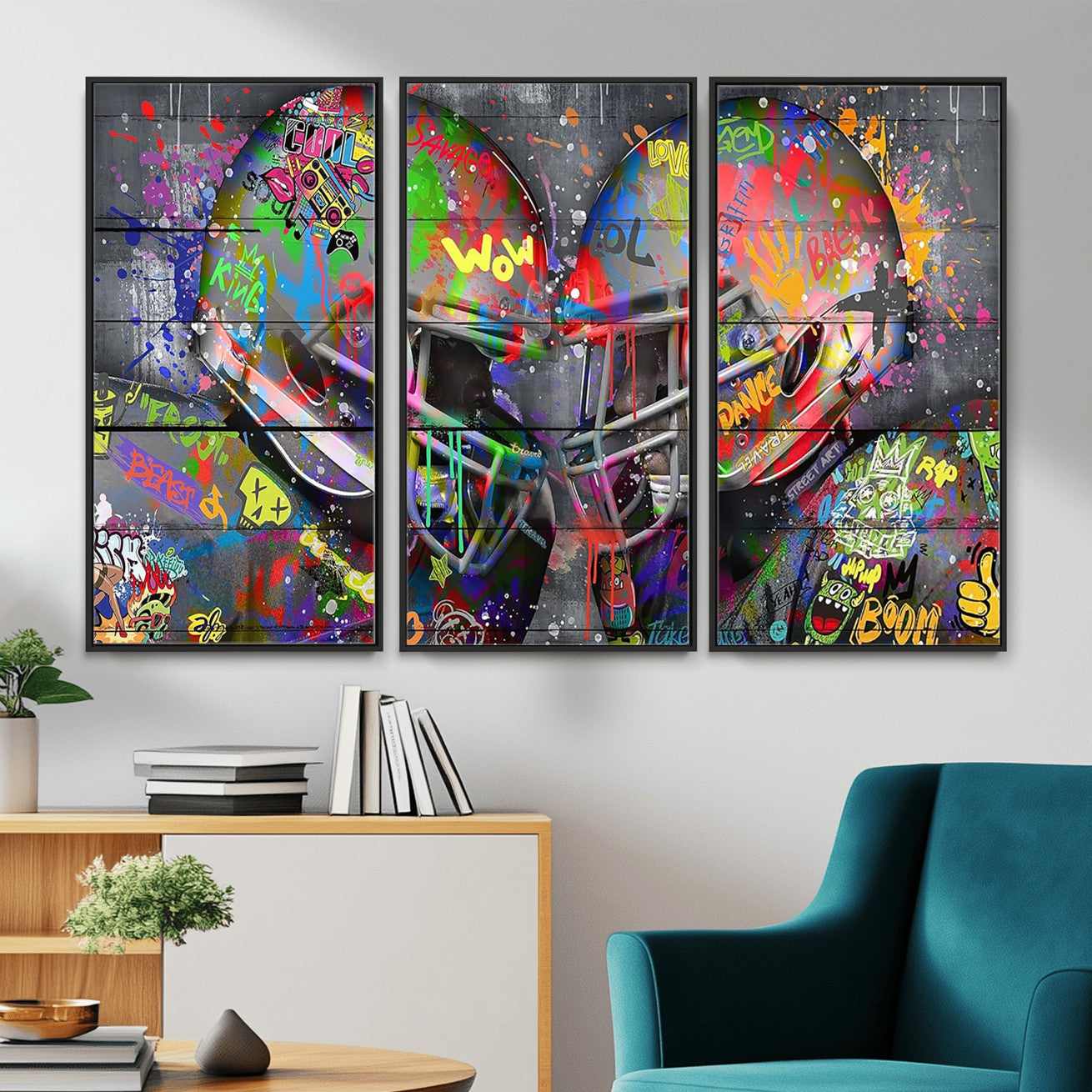 15309853-MGV-CV-36X24 - Graffiti Football Helmets Wall Art Canvas Print, Urban Street Art Sports Decor, Colorful American Football Graffiti Artwork