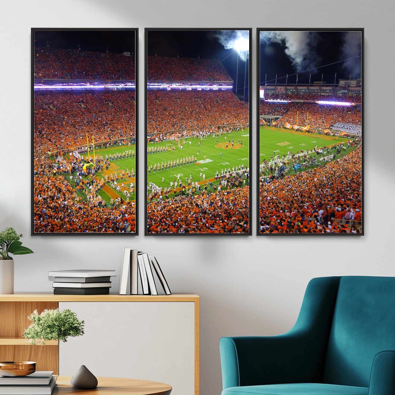 43662631-MGV-CV-36X24 - Clemson Football Stadium Wall Art Canvas Print, College Football Crowd Night Game Scene, Orange Stadium Panorama Wall Decor