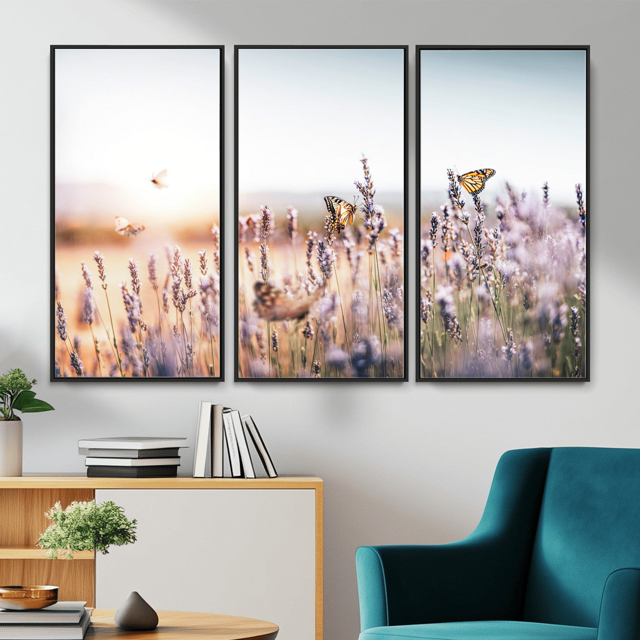 46417478-MGV-CV-36X24 - Lavender Field Wall Art Canvas Print, Butterfly Floral Landscape Art, Soft Nature Wall Decor for Bedroom