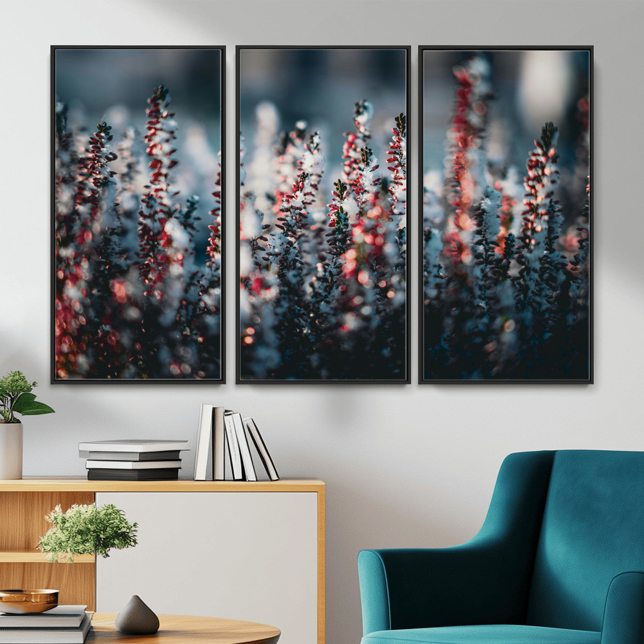 82063935-MGV-CV-36X24 - Winter Heather Wall Art Canvas Print, Frosted Floral Nature Art, Moody Botanical Wall Decor