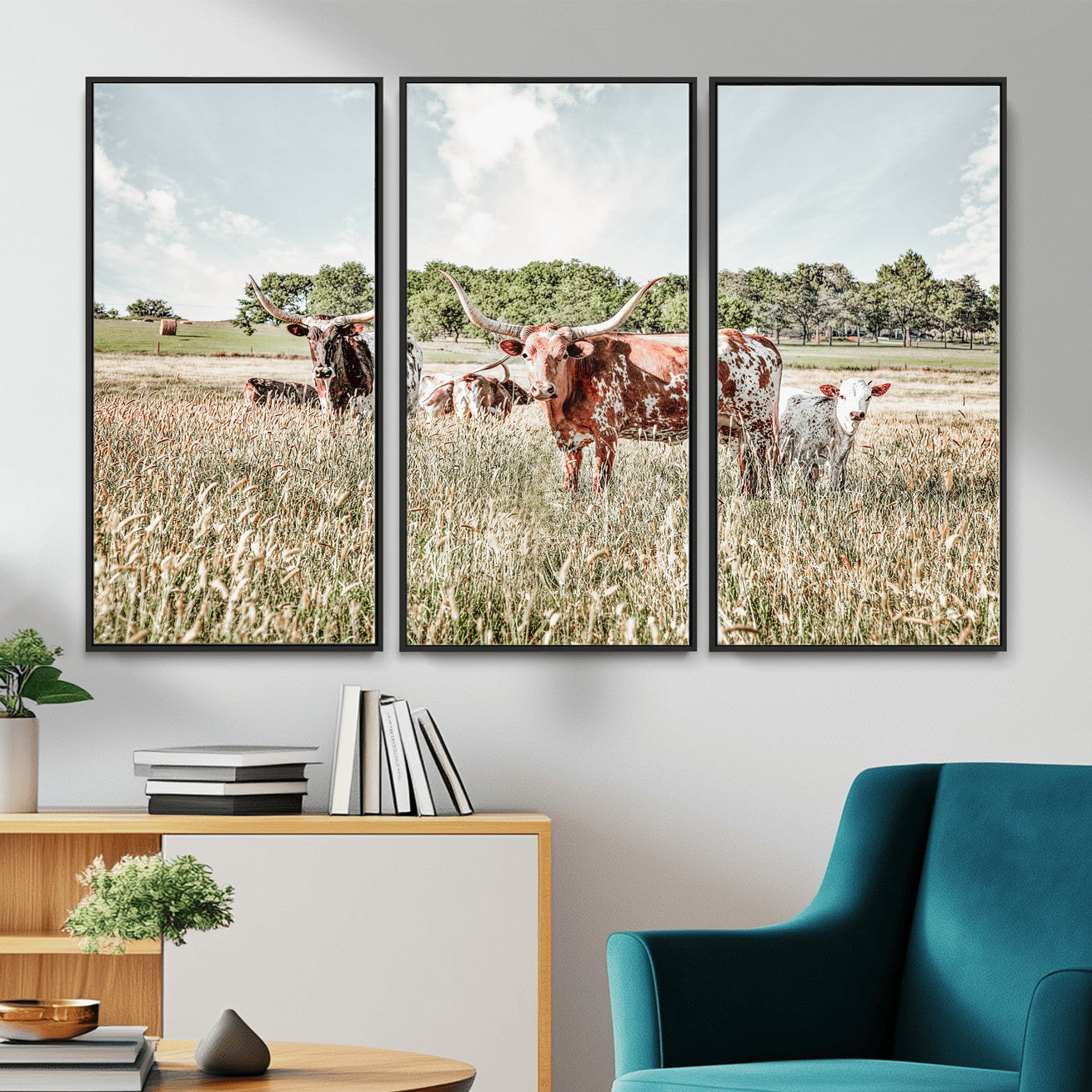 33963645-MGV-CV-36X24 - Texas Longhorn Cattle Wall Art Canvas Print, Western Ranch Landscape Nature Wall Decor for Living Room and Office