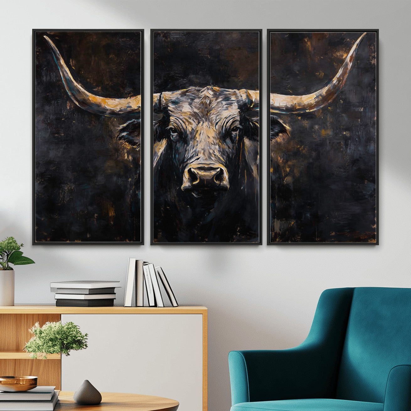 17622011-MGV-CV-36X24 - Abstract Longhorn Bull Wall Art Canvas Print – Dark Rustic Western Cattle Artwork for Farmhouse, Ranch, Cabin, and Office Decor