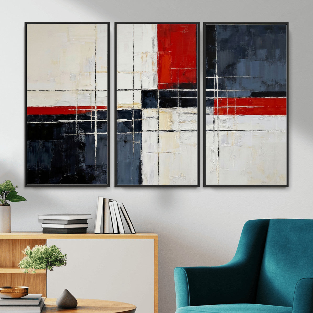 44088165-MGV-CV-36X24 - Navy Red Abstract Wall Art Canvas Print, Modern Luxury Geometric Painting Wall Decor for Living Room and Office