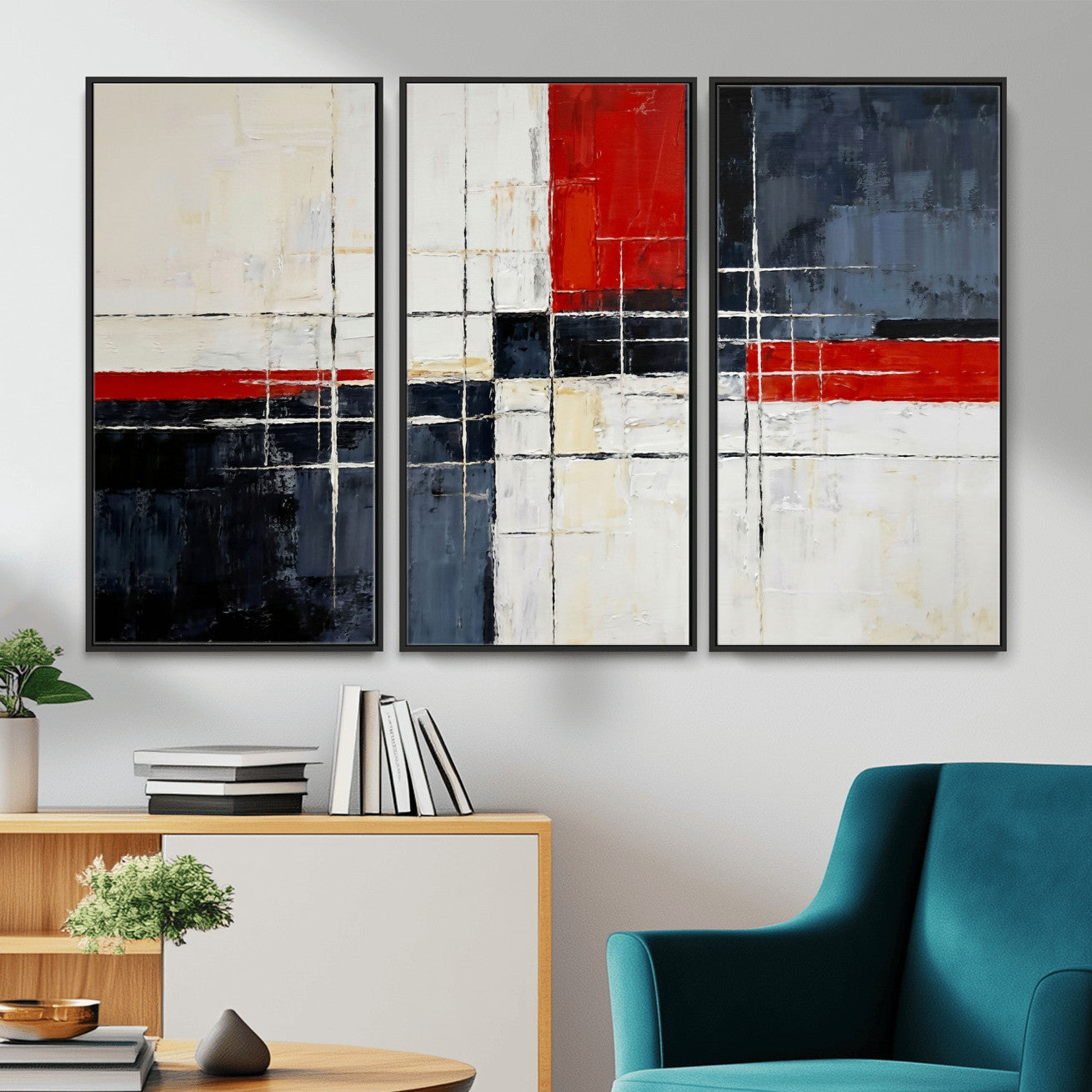 11921181-MGV-CV-36X24 - Navy Red Abstract Wall Art Canvas Print, Modern Luxury Geometric Painting Wall Decor for Living Room and Office