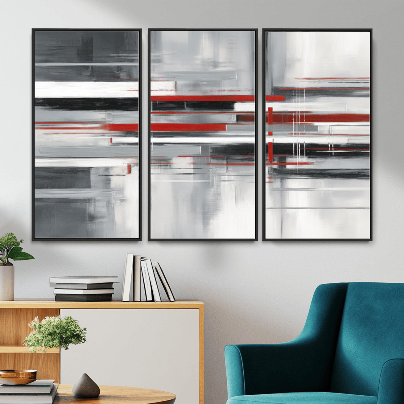 62640681-MGV-CV-36X24 - Gray Red Abstract Wall Art Canvas Print, Modern Abstract Canvas Wall Decor for Contemporary Living Room and Office