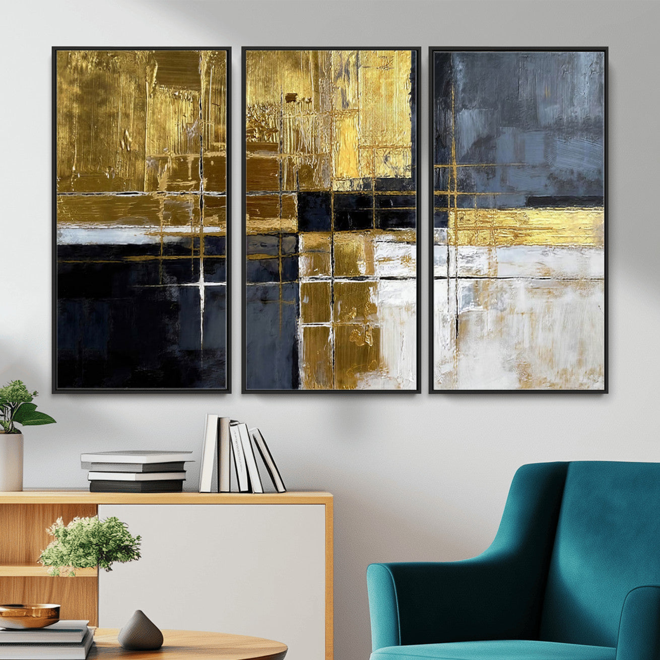 76917030-MGV-CV-36X24 - Gold Navy Abstract Wall Art Canvas Print, Modern Luxury Geometric Painting Wall Decor for Living Room and Office