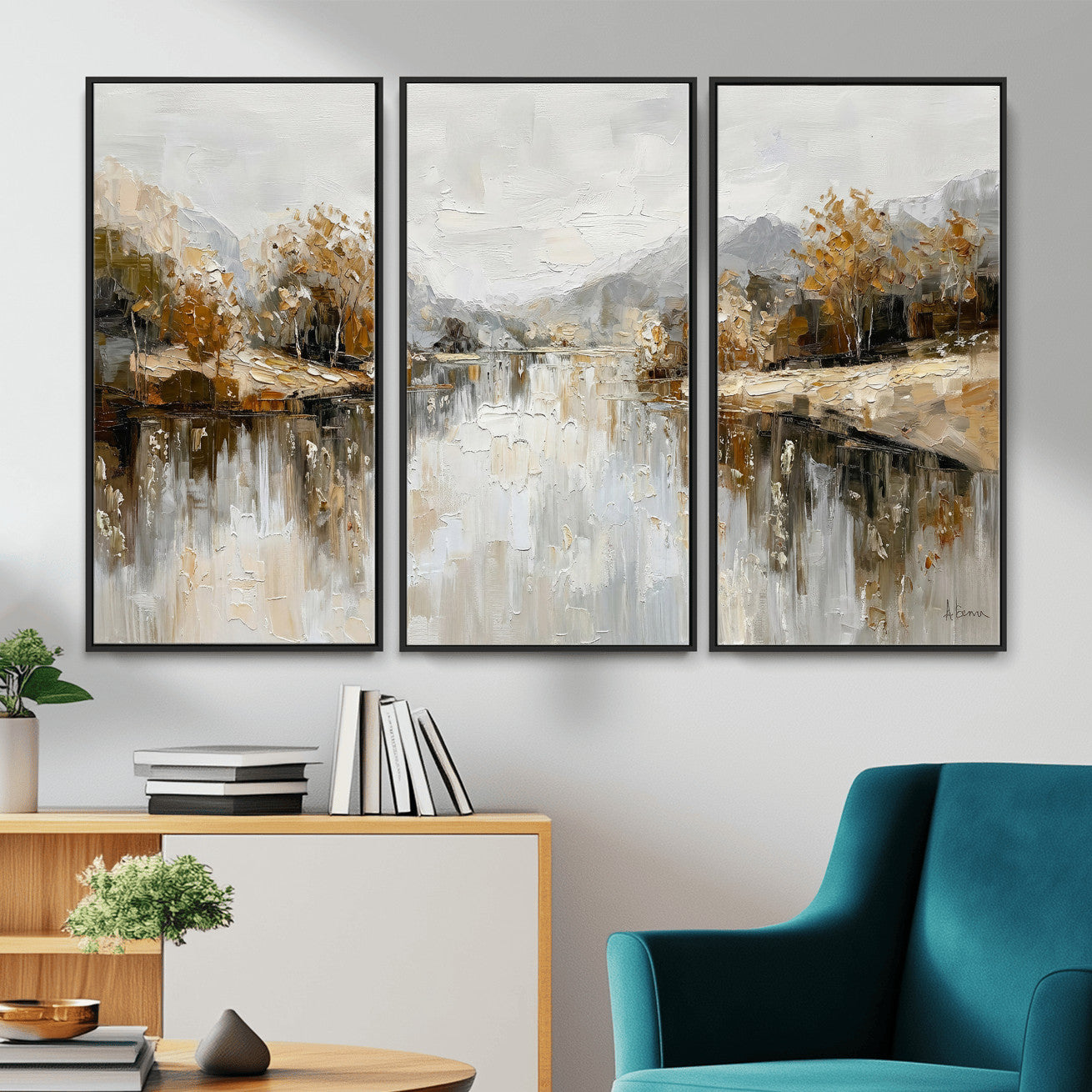 78227690-MGV-CV-36X24 - Neutral Abstract Lake Landscape Wall Art Canvas Print, Modern Minimal River Reflection Canvas Print, Beige Gray Contemporary Nature Art Printing