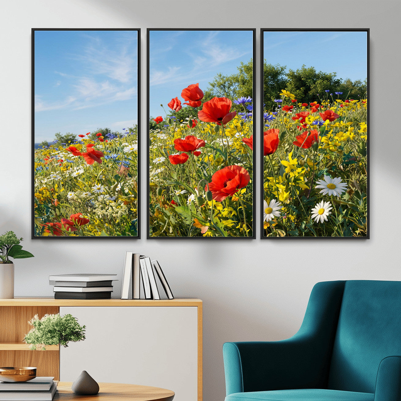 38570784-MGV-CV-36X24 - Wildflower Meadow Wall Art Canvas Print – Colorful Poppy and Daisy Field Landscape Artwork for Living Room Decor