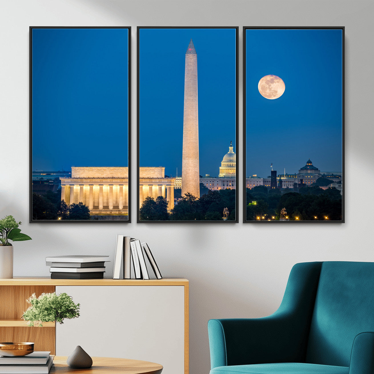 96712946-MGV-CV-36X24 - Washington DC Skyline Wall Art Canvas Print – Lincoln Memorial, Washington Monument and US Capitol Night Cityscape Artwork
