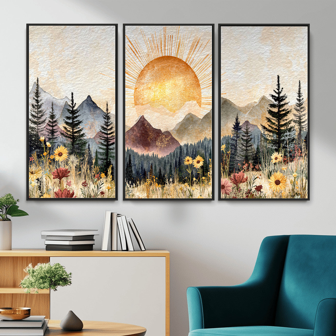 69025244-MGV-CV-36X24 - Boho Mountain Landscape Large Wall Art, Horizontal Gold Framed Canvas Print with Sun and Flowers
