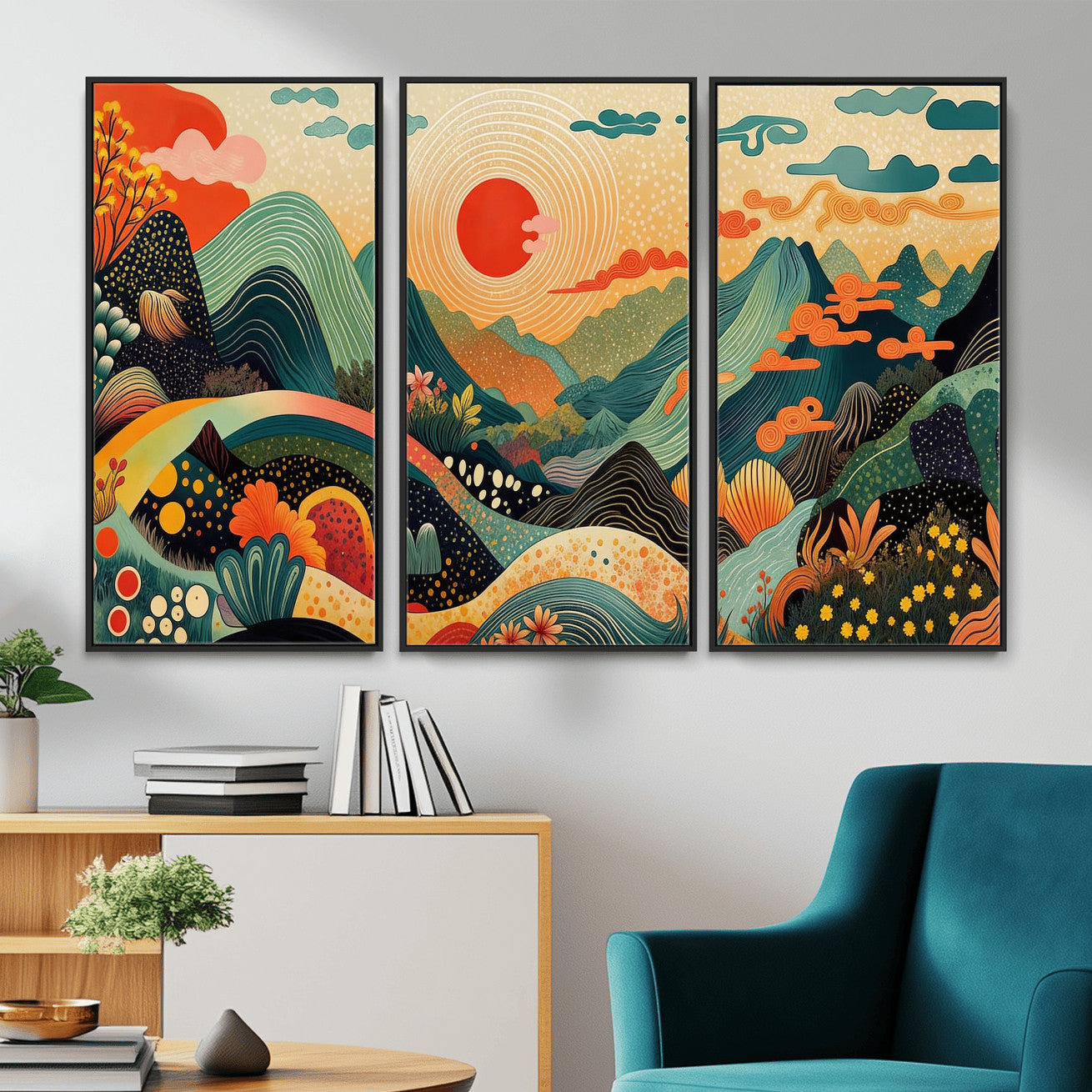 29927191-MGV-CV-36X24 - Yayoi Kusama Boho Mountain Landscape Large Wall Art, Horizontal Gold Framed Canvas Print with Sun and Flowers