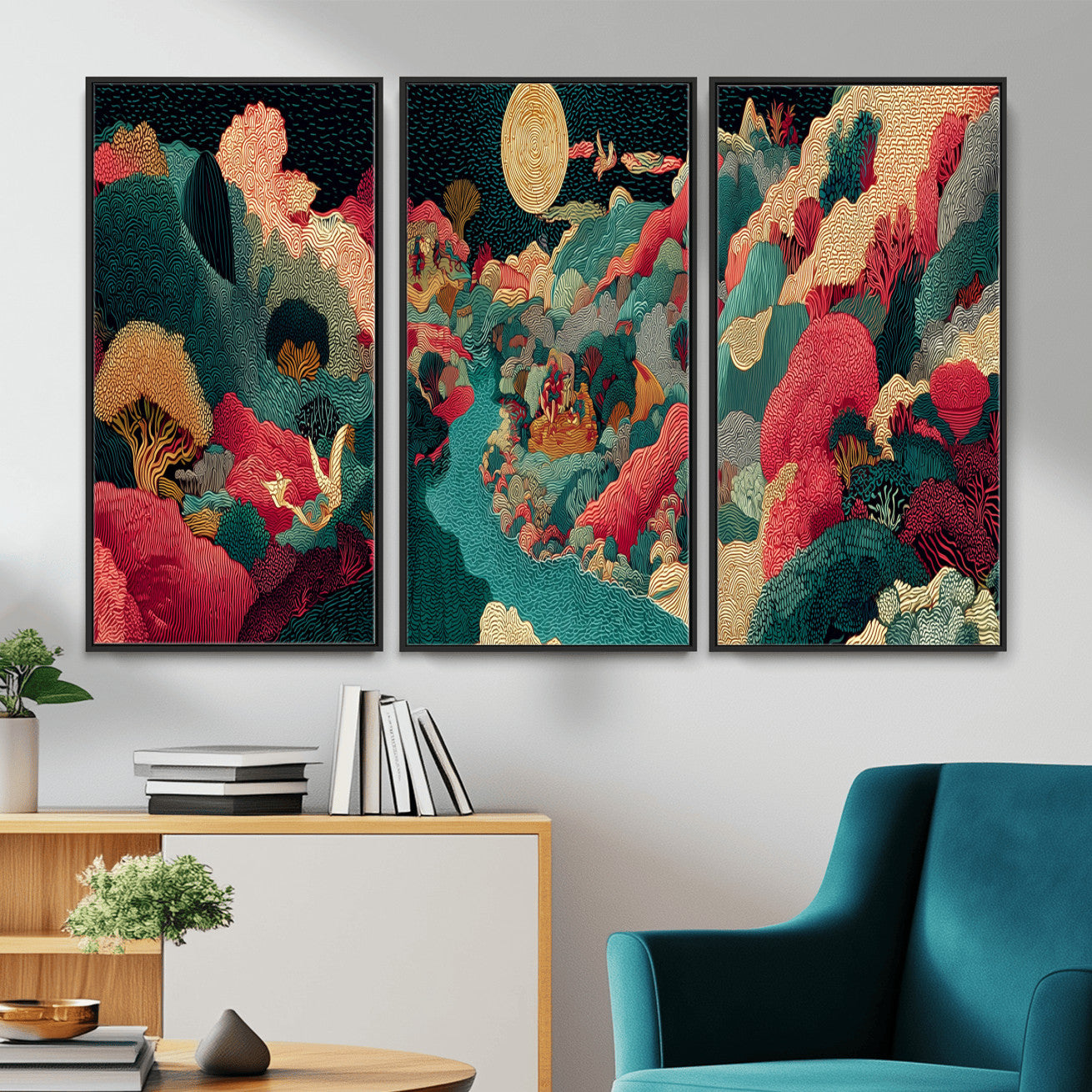 36816259-MGV-CV-48X32-3P - Colorful Japanese Landscape Print: Maximalist Panoramic Wall Art