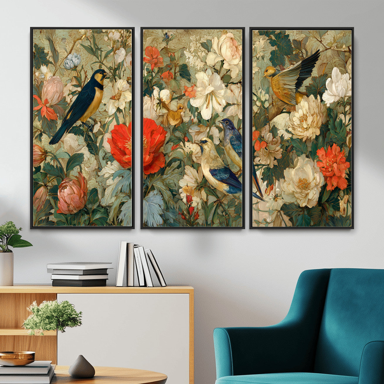 52904757-MGV-CV-36X24 - Vintage Birds and Flowers Wall Art Canvas Print, Botanical Bird Painting Canvas Print, Floral Garden Bird Artwork Canvas Print, Classic Bird Flower Painting Canvas Print